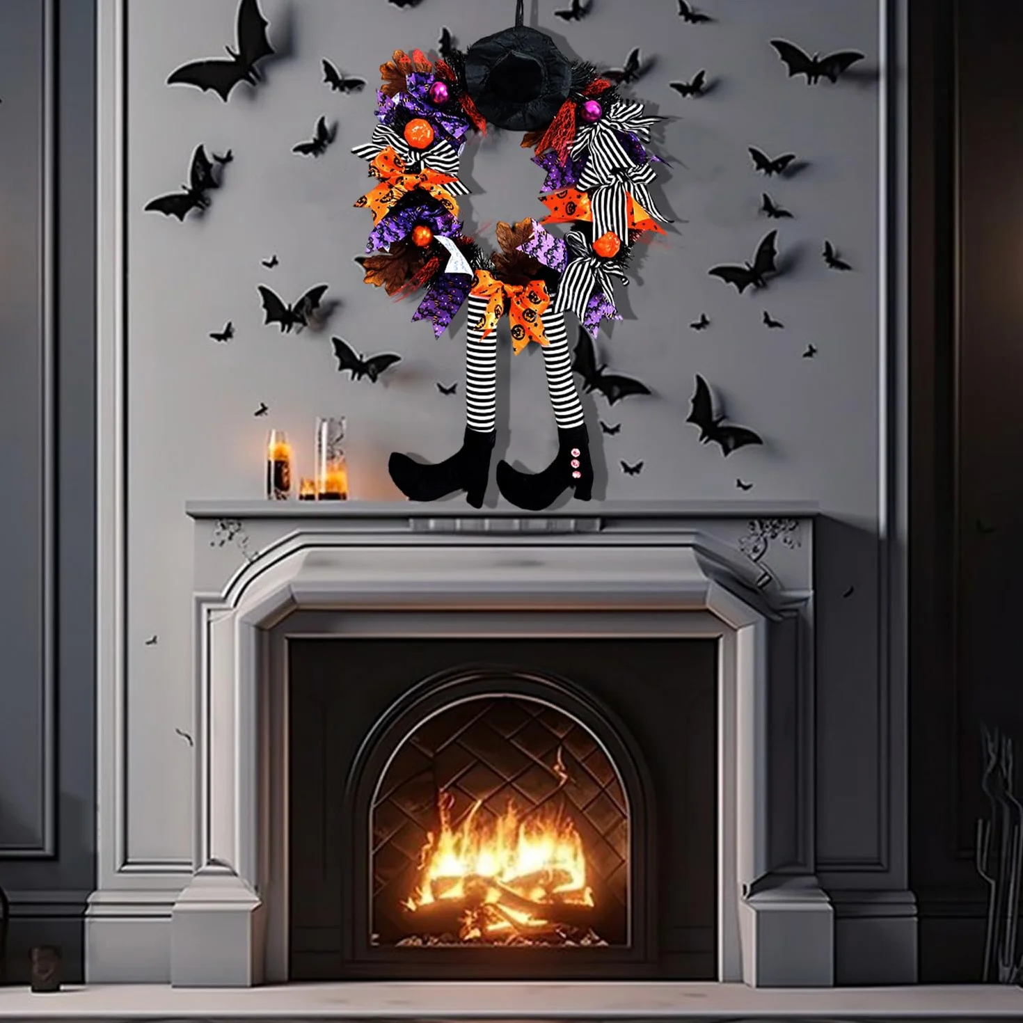 chenyu Dekoracje na drzwi Halloween Wieniec czarownic 62 cm Halloween Dekoracje Kapelusz Czarownicy z dyni Łapy Dyni Wiszące Dekoracje Kominkowe Pokoje