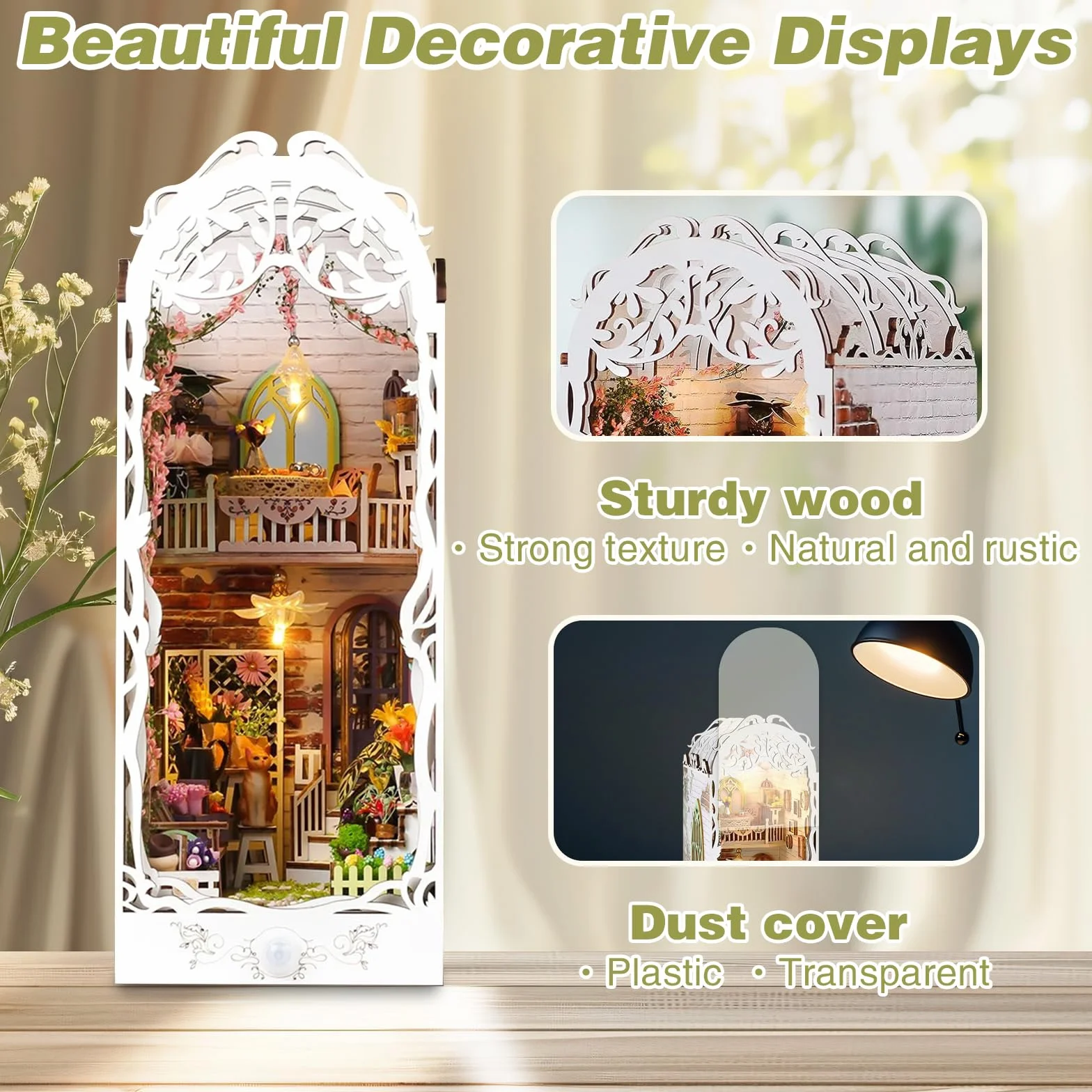 DIY Book Nook Kit: Miniaturowy Domek dla Lalek, Drewniane Puzzle 3D, Podpórka na Książki do Dekoracja Regału, Prezent dla Młodzieży i Dorosłych (z Osłoną Przeciwpyłową i Oświetleniem LED)