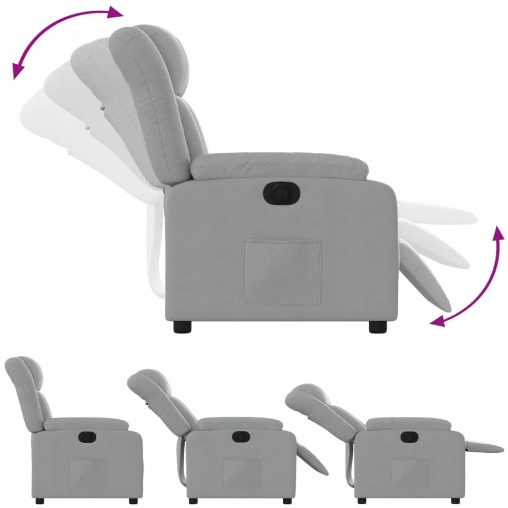 Fotel relaksacyjny, elektryczny, jasnoszary, materiał z funkcją leżenia, regulowany, wygodne siedzisko z podłokietnikami, metalowa i drewniana rama, ergonomiczny do salonu, kącika do czytania