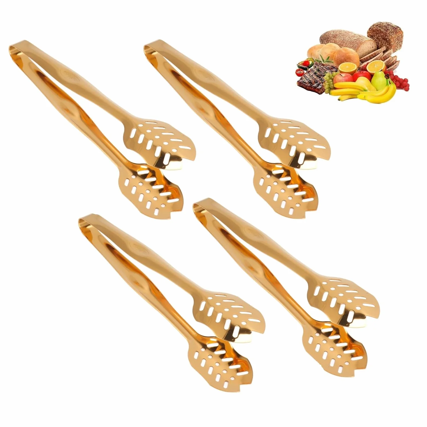 Tissting 4 szt. złote szczypce do serwowania, 25 cm, uniwersalne szczypce kuchenne na wesele, imprezę, do baru, bufetu, 25 cm, ergonomiczny uchwyt, idealne do sałatek, ciast, chleba, steków
