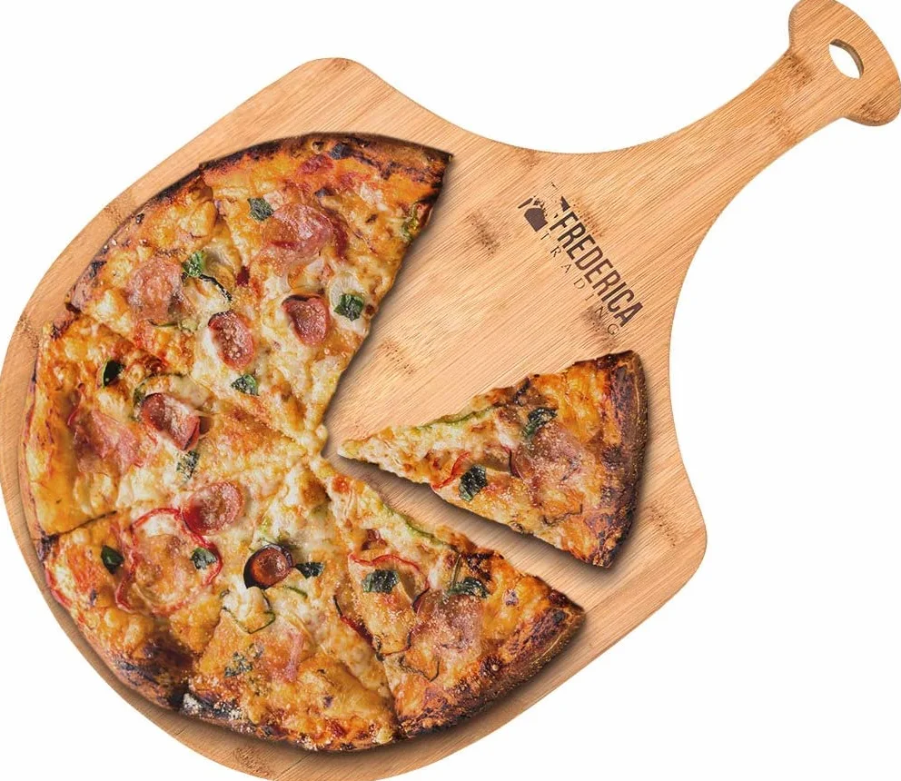 Bambusowa drewniana łopatka do pizzy – najwyższej jakości, organiczna bambusowa szpatułka do pizzy i deska do krojenia z uchwytem [do pizzy, pieczenia chleba, tacki do serwowania owoców i sera]