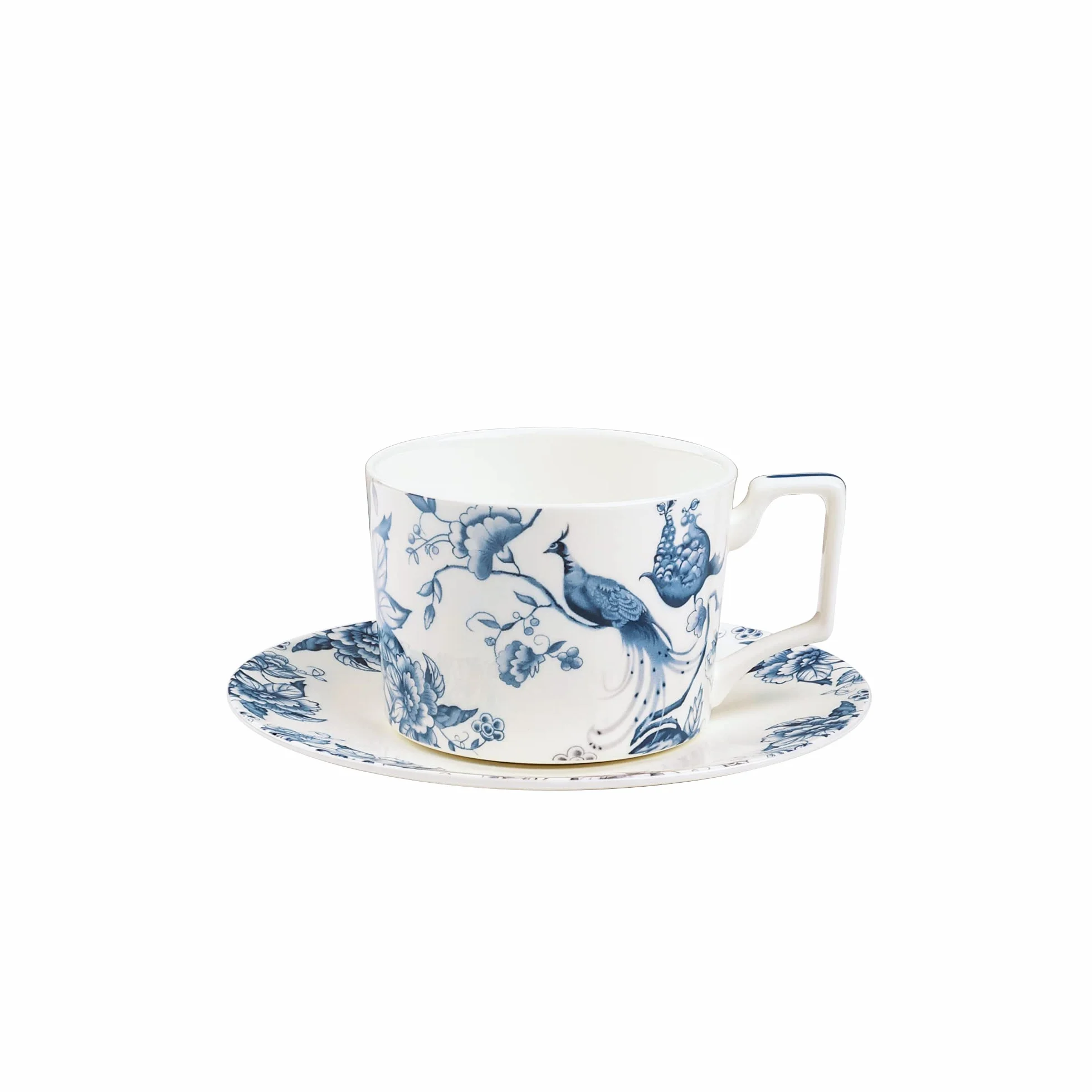 Fanquare Bone China Filiżanka do Herbaty i Spodek 250 ml - Zestaw na 1, Niebieska i Biała Filiżanka Kawy z Talerzem, Brytyjskie Kwiaty, Porcelana dla Kobiet