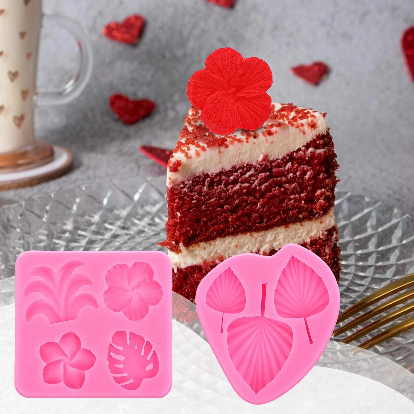 4 sztuki foremek silikonowych, tropikalnych płatków kwiatów, płatków wachlarza, do masy cukrowej, hibiskusa, liści palmy, plumeria, silikonowe, do samodzielnego przygotowania czekolady, słodyczy,