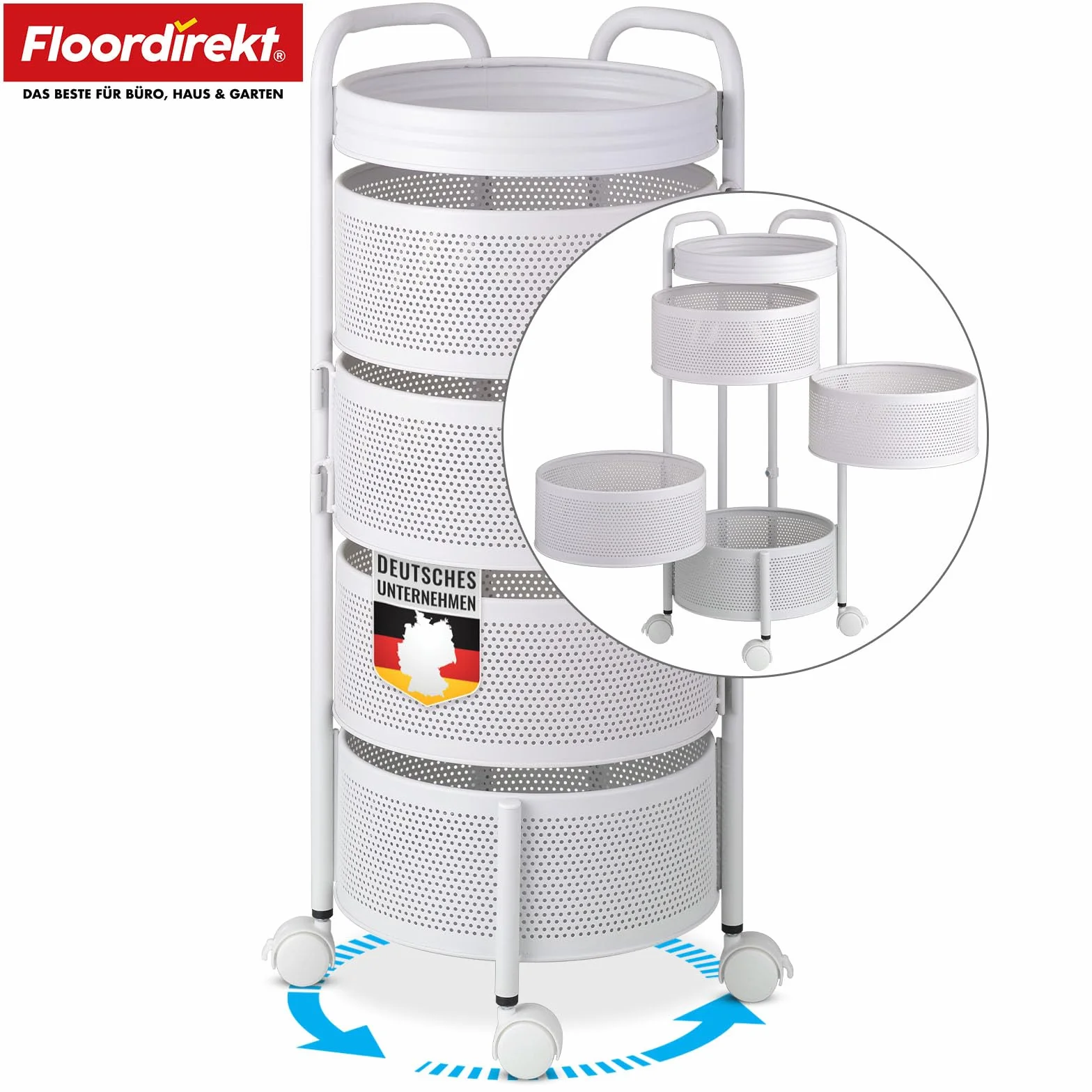Floordirekt Wózek kuchenny, okrągły, regał kuchenny, regał na warzywa z kółkami, wózek na owoce, wózek do przechowywania do kuchni, łazienki, salonu, pokoju dziecięcego – Henry (4 poziomy)