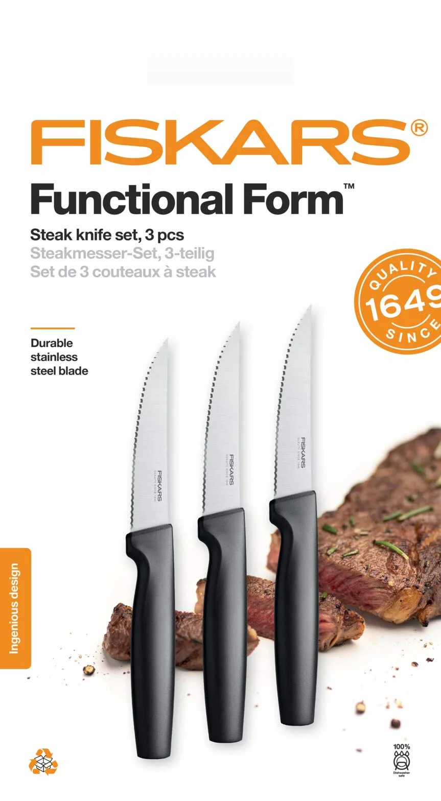 Fiskars Zestaw noży do steków, 3-częściowy, Functional Form, Stal nierdzewna/tworzywo sztuczne, Czarny, 1057564
