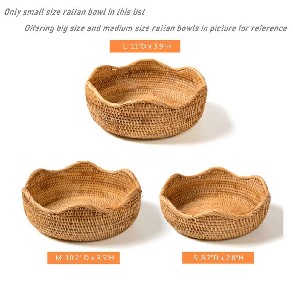 Ręcznie wykonany rattanowy okrągły kosz na owoce, miski do przechowywania żywności, organizer do kuchni, miska do serwowania przekąsek (mały 22 cm)