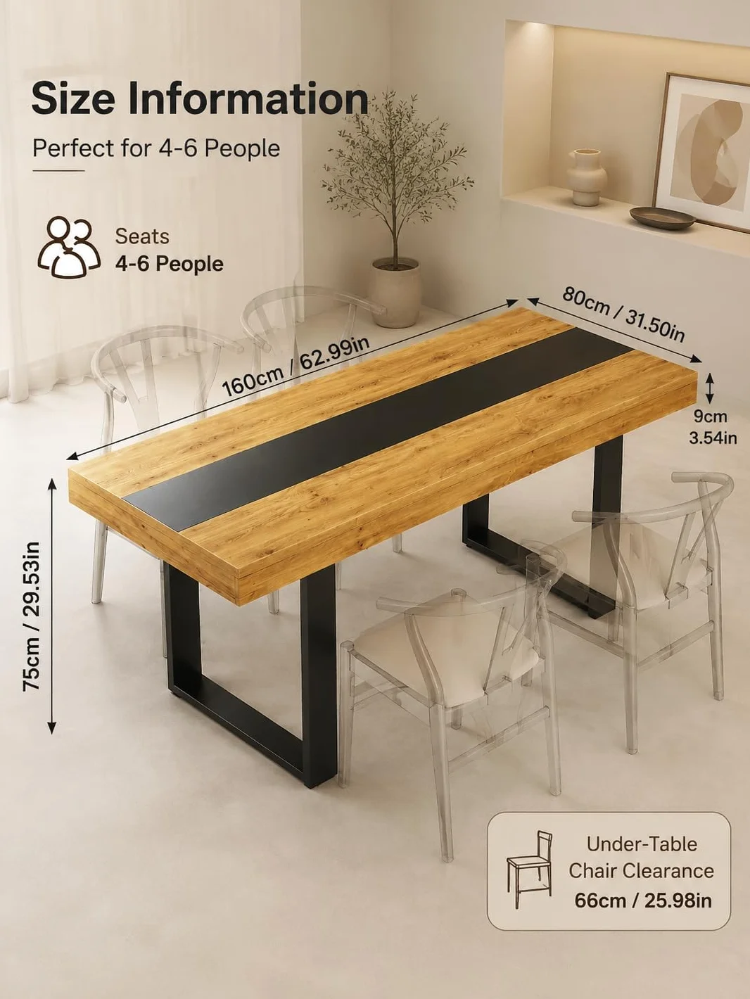 Prostokątny drewniany stół jadalny stół jadalny dla 4-6 osób, biurko 160x80 cm meble do jadalni odporne na zarysowania, wygląd dębu i czerni, 160x80x75 cm
