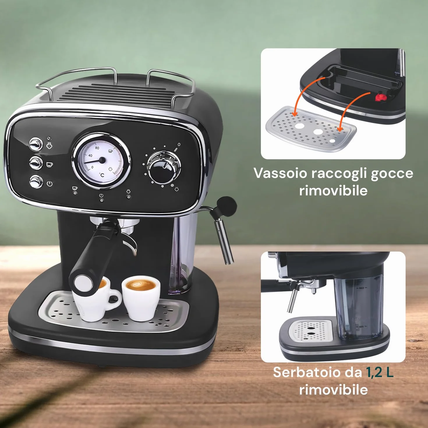 Wintem - Czarna kawa 1100 W do espresso i cappuccino z włócznią parową, kompatybilny z goframi i kawą mieloną, wyjmowany zbiornik 1,2 l, ciśnienie 15 bar