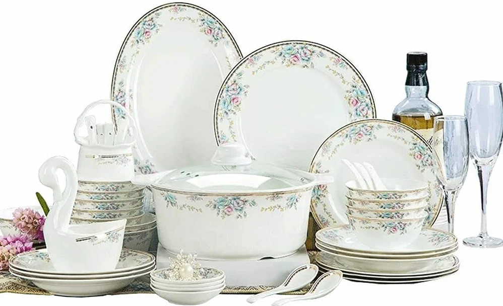 48-częściowy ceramiczny zestaw zastawy stołowej z kwiatowym wzorem, zawiera miski, naczynia, garnek do zupy i łyżki do restauracji i domowej jadalni