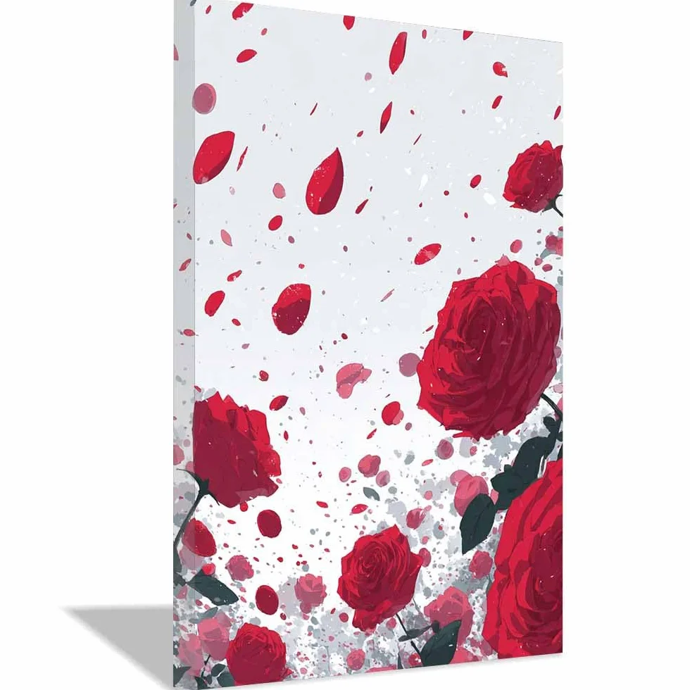 CUDAOO Prosta sztuka botaniczna wydruki na płótnie czerwone płatki róży do sypialni dom salon łazienka (kolor czerwonego drewna)-70x100 cm oprawiony