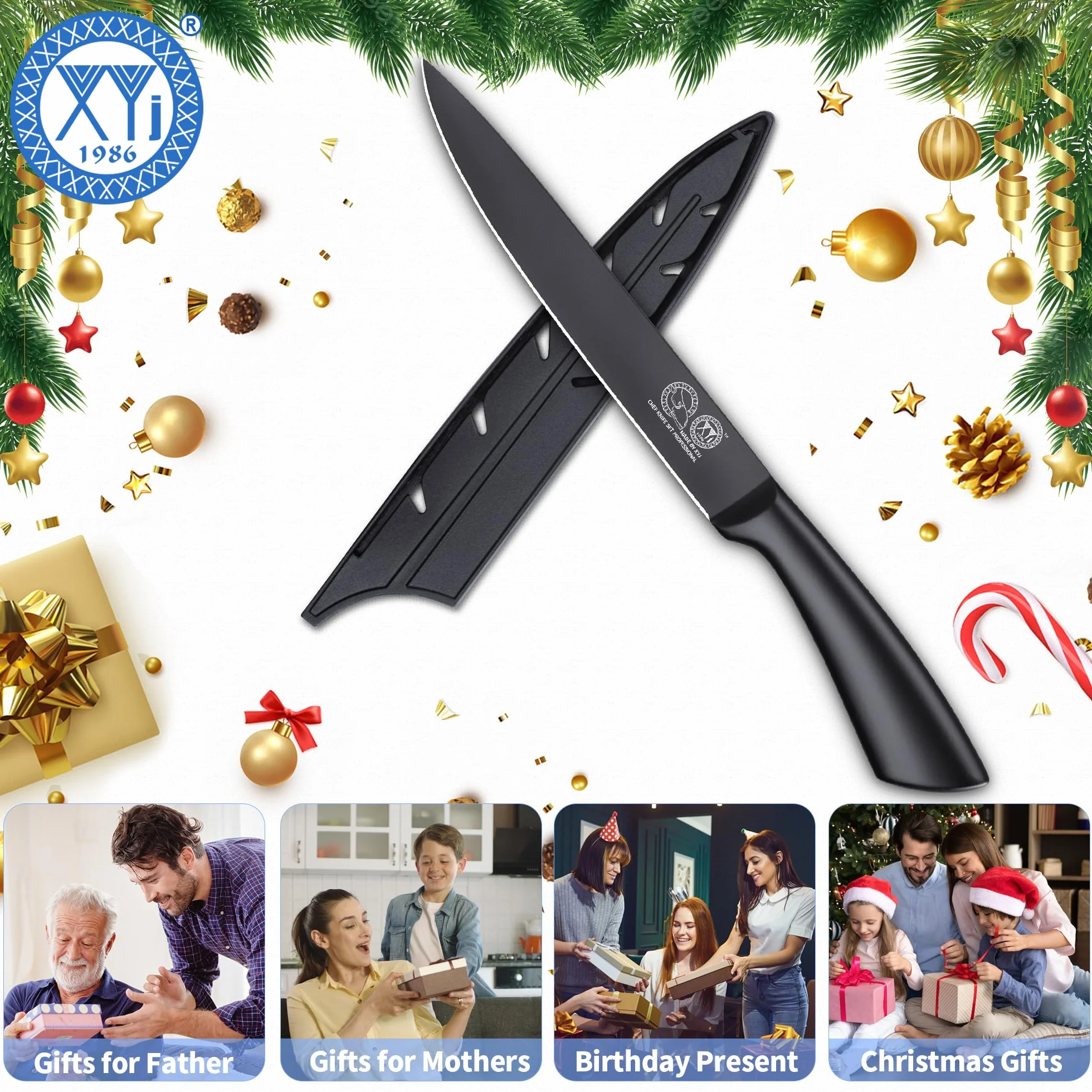 XYJ Kitchen Knife,8 Inch Black Stainless Steel Brisket Knife,Professional Chef Knife,Carving Boning Meat Cleaver BBQ Knife with Ergonomic Handle,Plastic Sheath