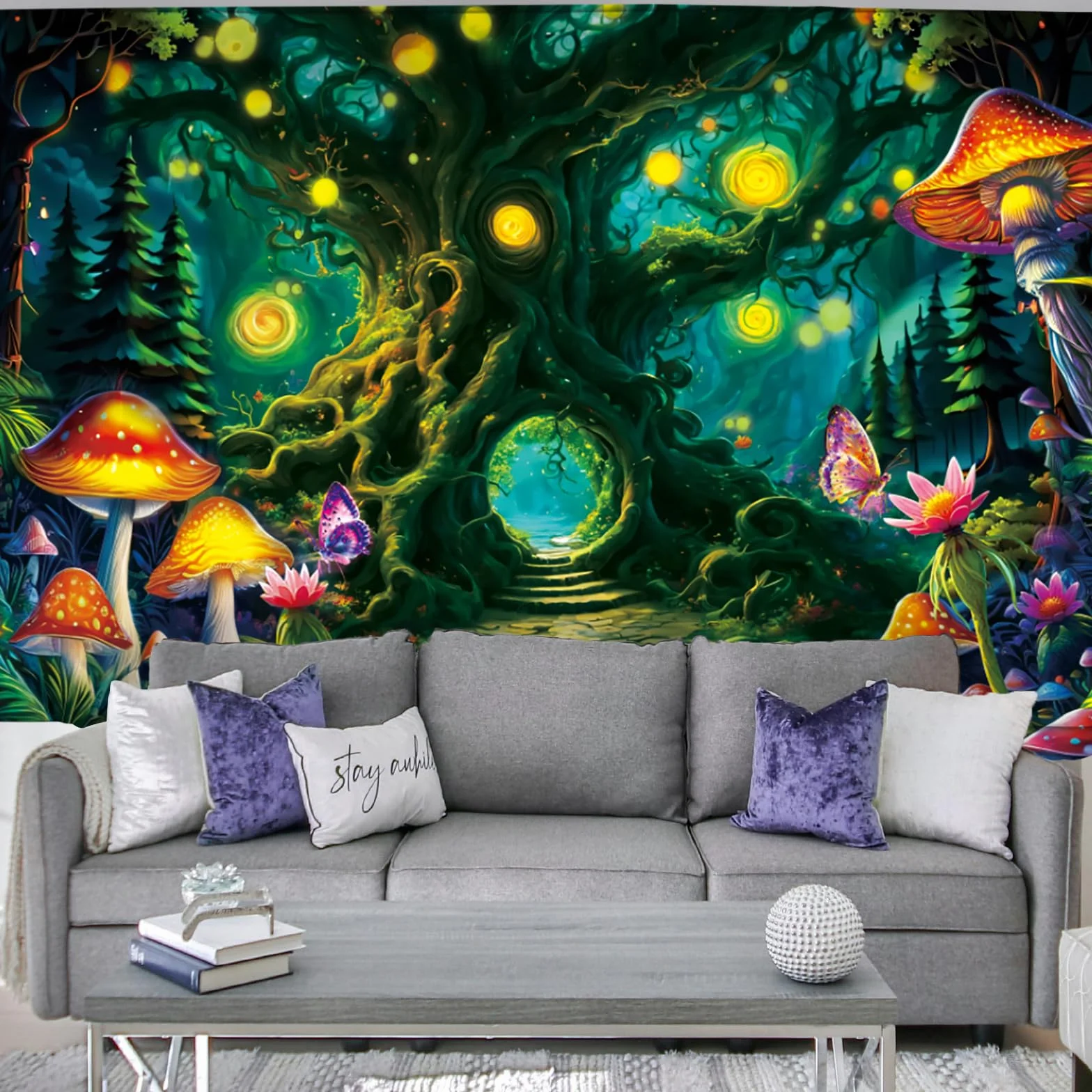 Cyiecw Dywan ścienny Aesthetic w świetle UV, Reaktywny UV na Podłodze Dywan z Grzybami i Drzewem życia, Dekoracja Gobelinem, Fluoryzujące Rośliny, Las, Dywan ścienny, Dekoracja Salonu (200 * 150cm)