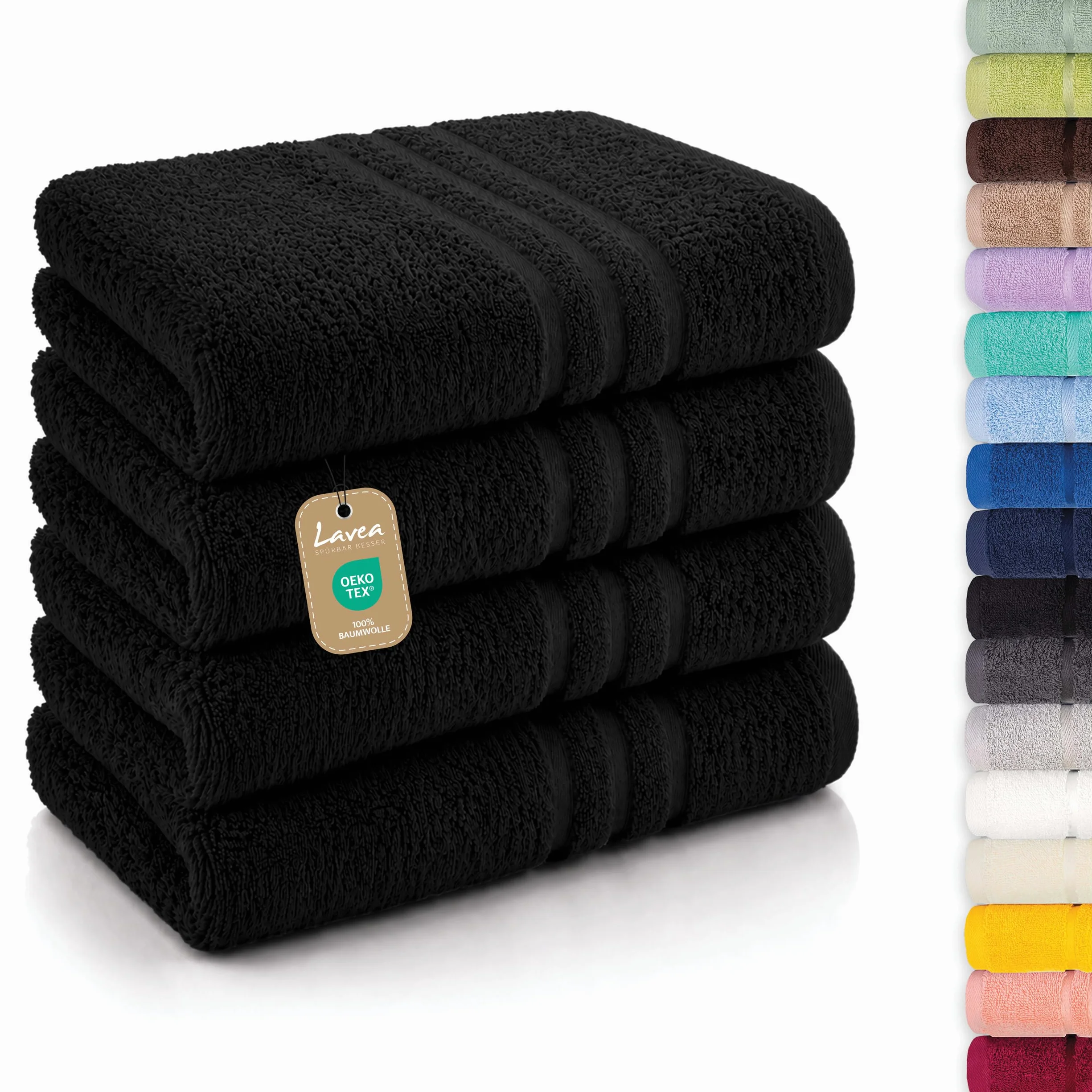 Lavea® Zestaw 4 ręczników kąpielowych 50x100 cm 100% bawełna – Miękkie i chłonne – Idealne jako ręcznik do rąk, ręcznik kuchenny lub do twarzy do domu, hotelu i spa – Czarny