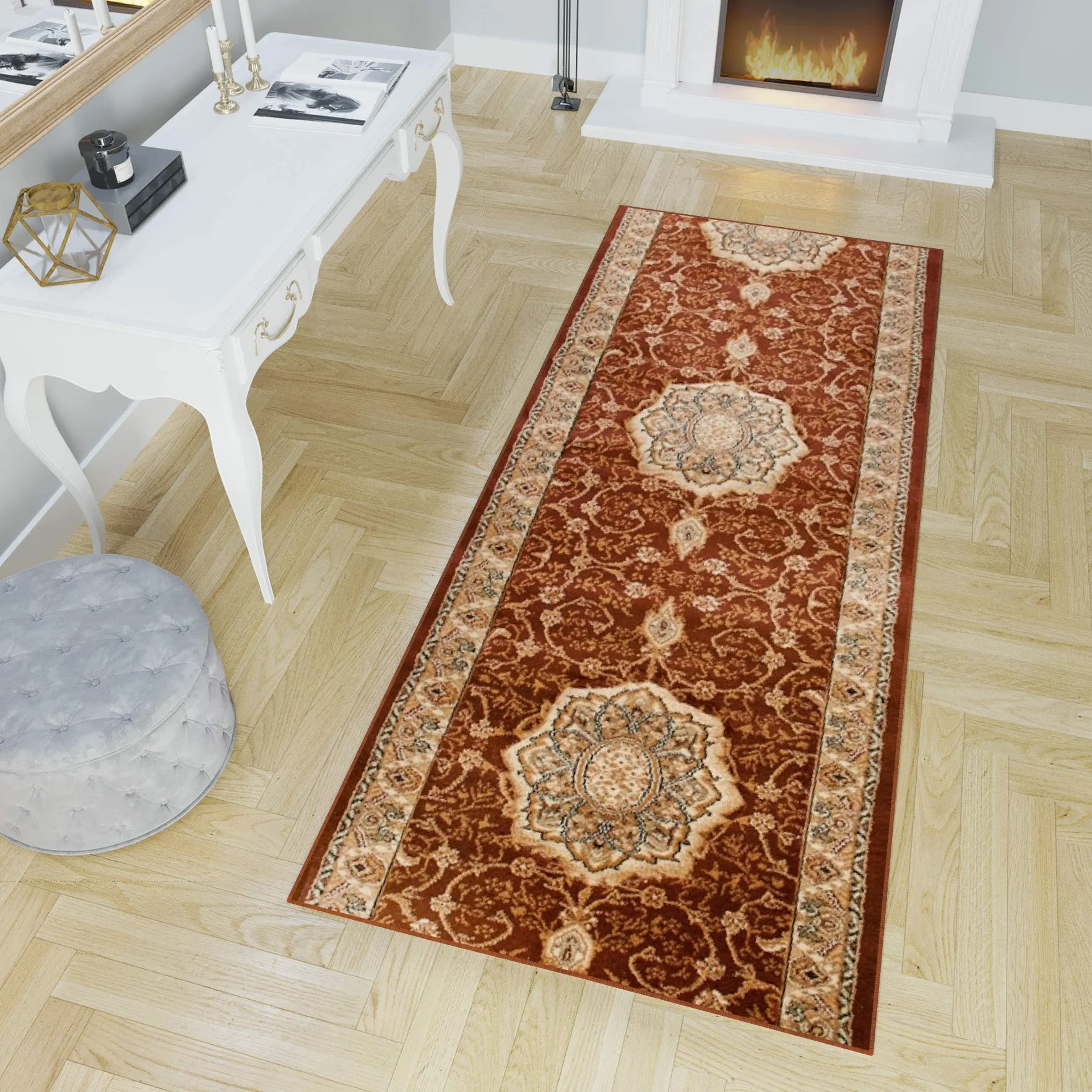 TAPISO Yesemek dywan chodnik, do korytarza, mostek, krótkie runo, klasyczny medalion kwiatowy, ornament, wzór, brązowy, beżowy, do korytarza, salonu, Ökotex 80 x 1300 cm