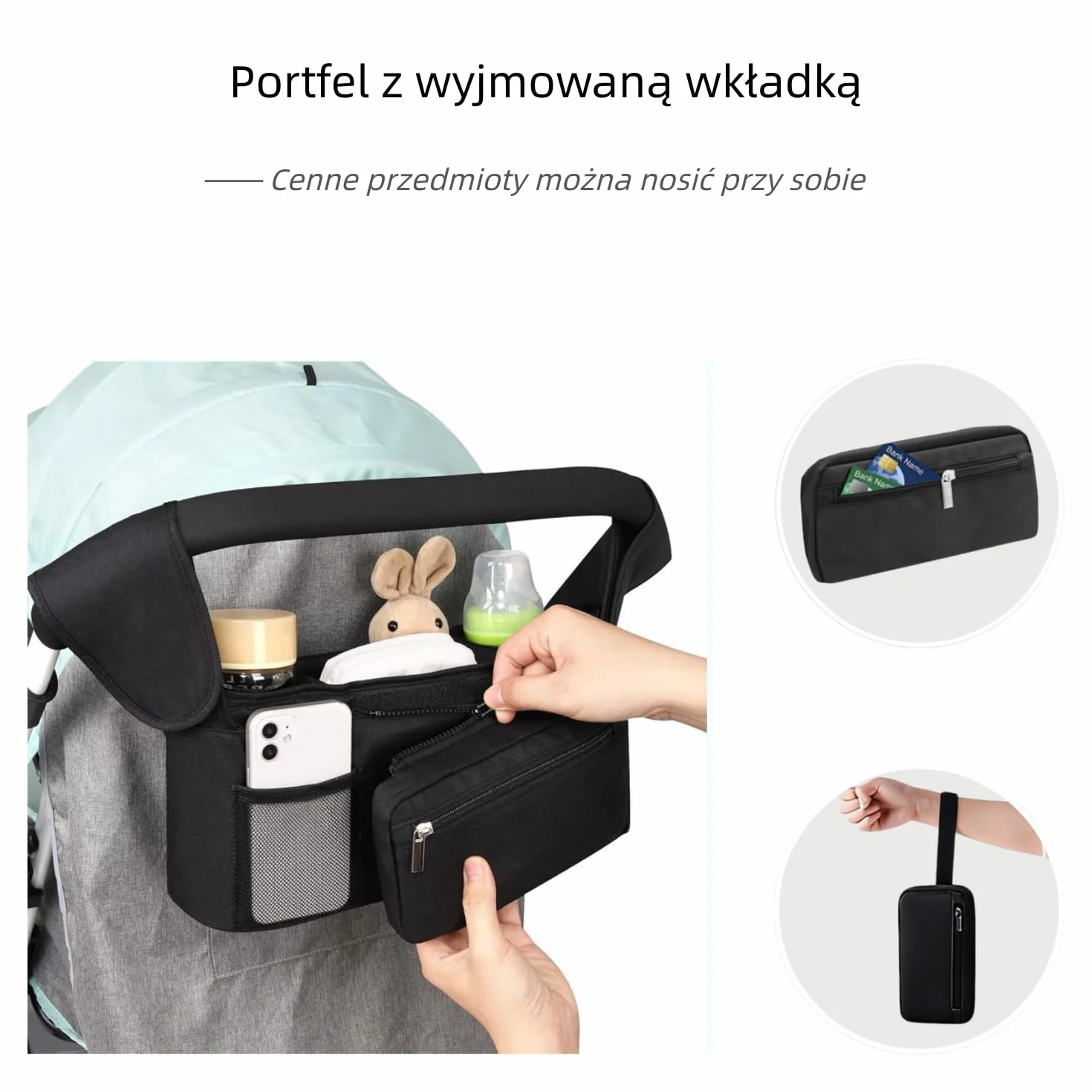 Organizer do Wózka Dziecięcego Uniwersalny z 2 Izolowanymi Uchwytami na Kubki i Odpinaną Portmonetką, Wodoodporna Torba do Wózka, Regulowany Pasek na Ramię, Wielofunkcyjny – z Rzepem