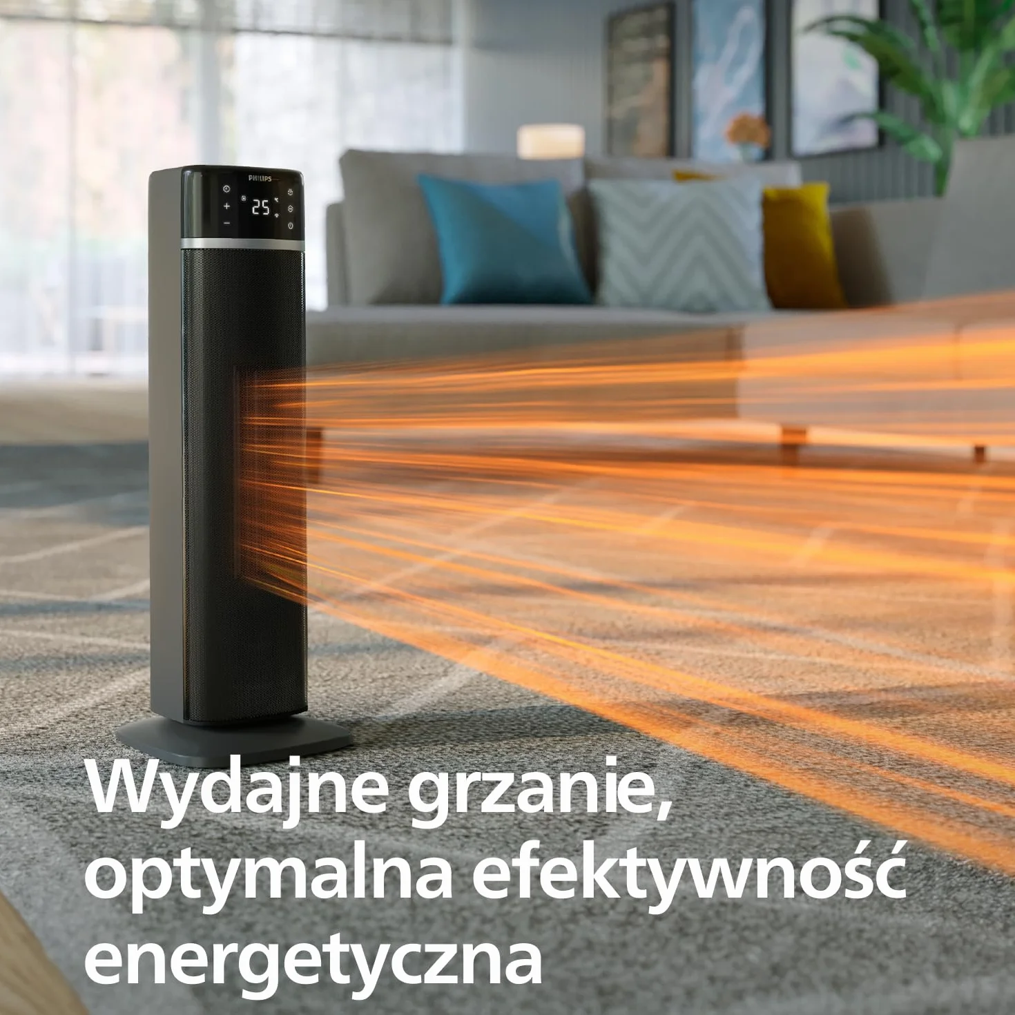 Termowentylator Philips serii 5000, energooszczędny (do 50%), podłączony do aplikacji, 2000W, wyświetlacz temp., 5 funkcji bezpieczeństwa, 4 tryby, oscylacja 60°, cichy, czarno-ciemnoszary (CX5120/11)