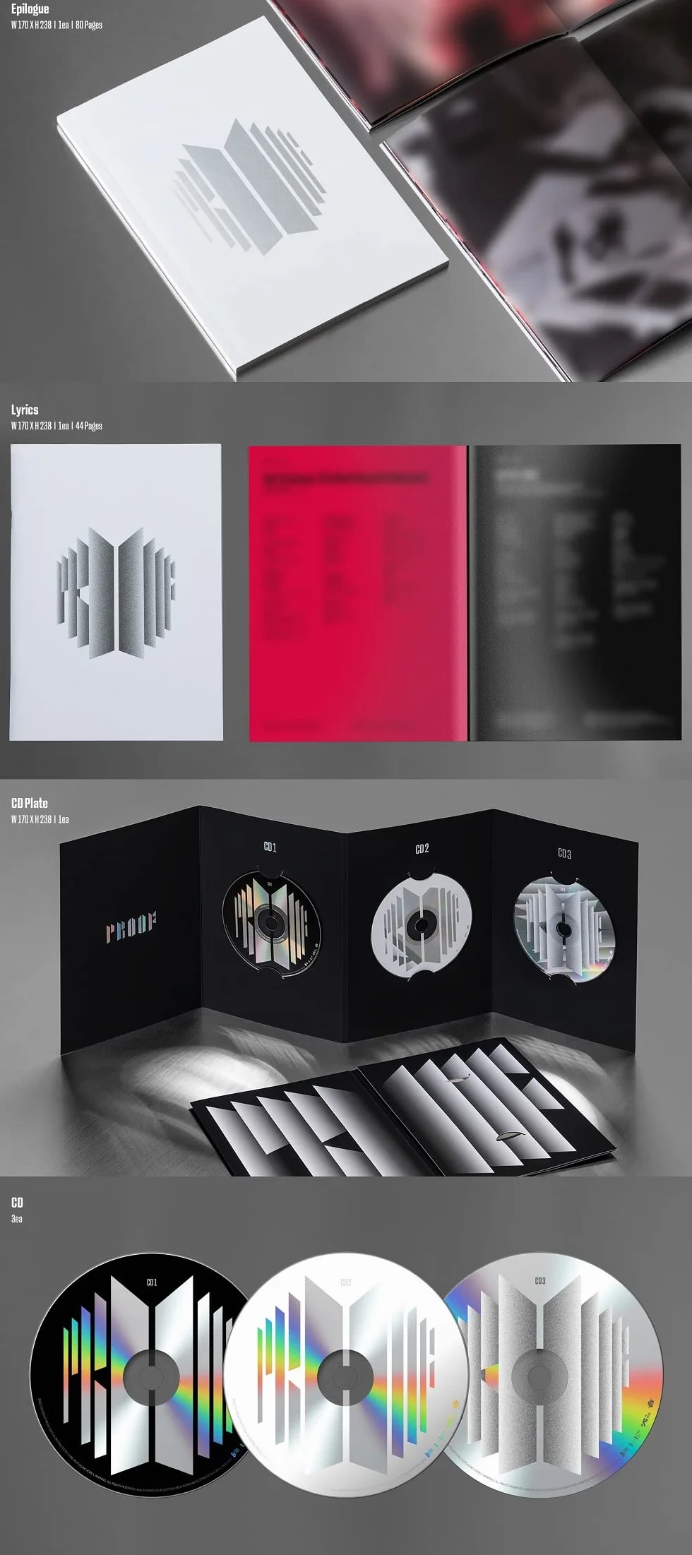Big Hit Entertainment BHE0117 BTS BANGTAN BOYS Proof Standard + Compact Edition Set [BTS Anthology Album] 6 płyt CD + 1 składany plakat + zestaw dodatkowych kart fotograficznych 188 x 250 x 59 mm