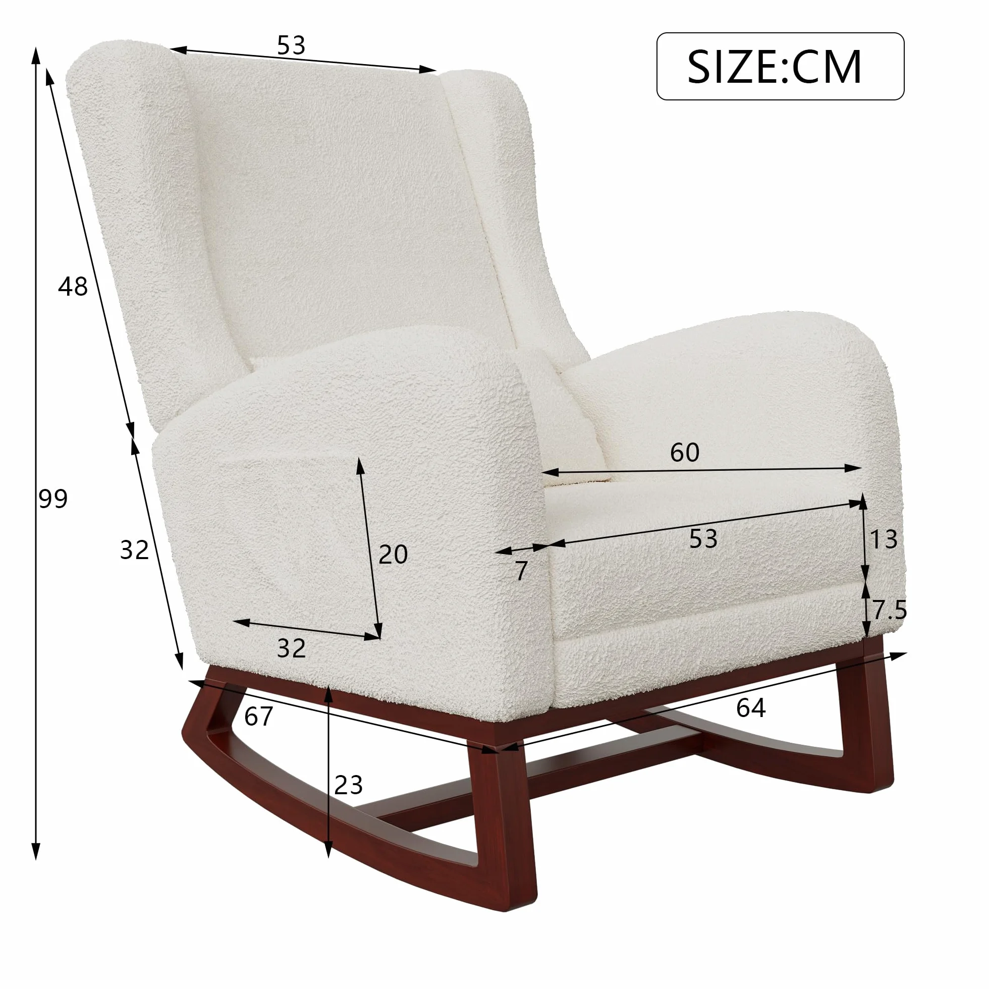 Accent fotel bujany z podstawą z litego drewna, nowoczesny, wygodny fotel tapicerowany z poduszką pod plecy i zwiewnym podnóżkiem, sofa, bujany z boczną kieszenią, do domu (Sherpa Boucle,