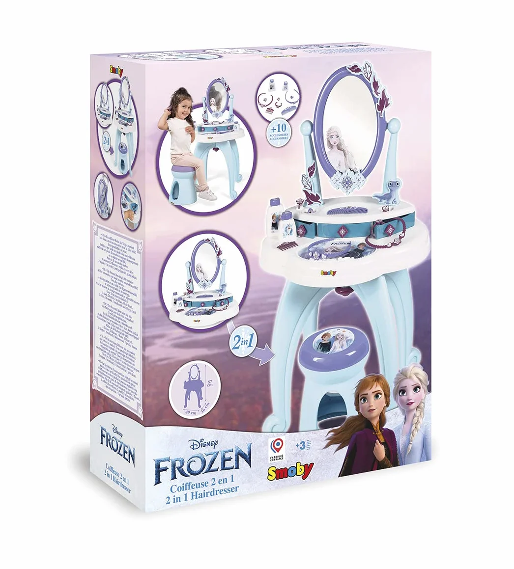 Smoby 7600320244 Kraina Lodu Toaletka 2w1, salon fryzjerki, stolik z lustrem Elsa, taboret, 10 akcesoriów, 49x36x87 cm