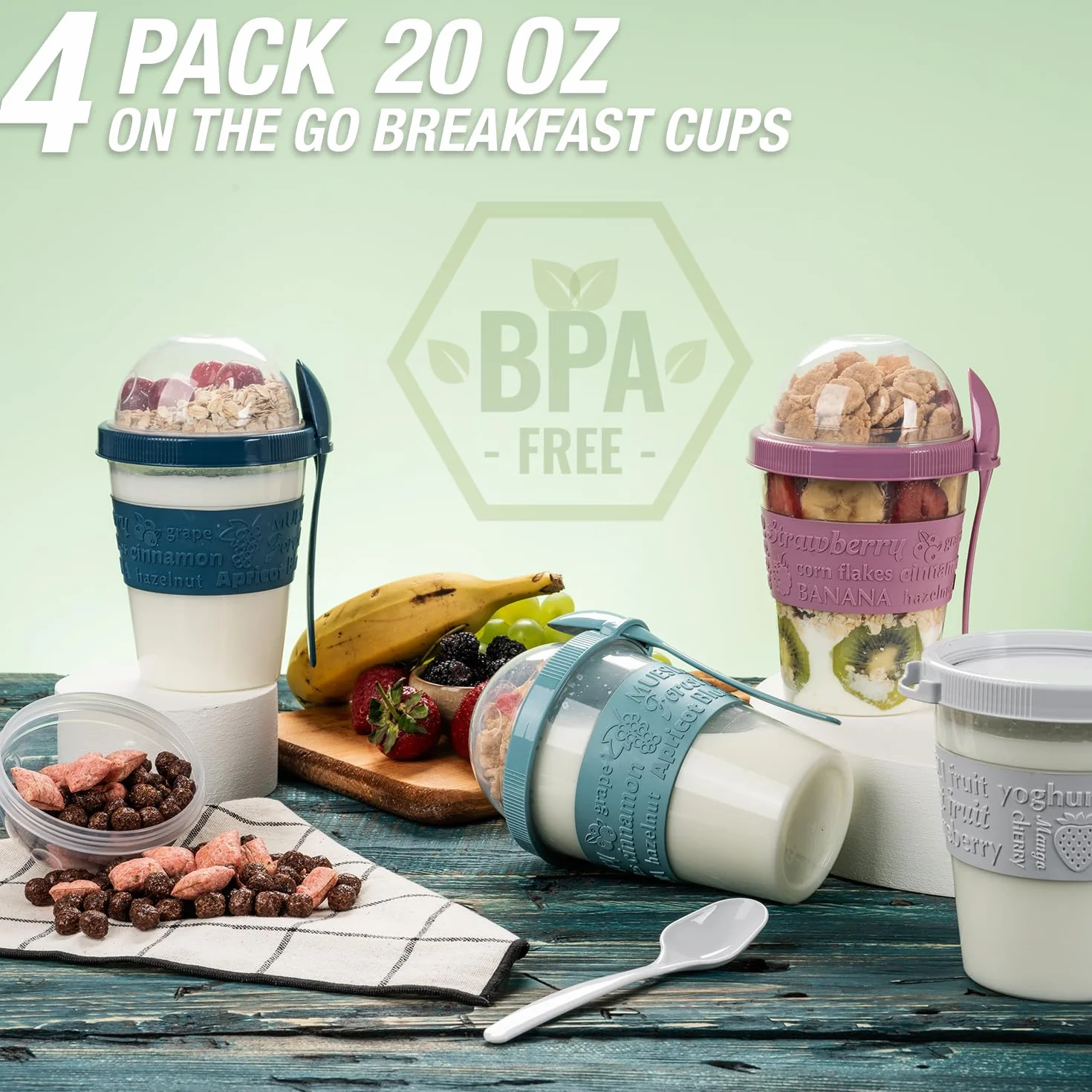 EYNEL 4-pak On The Go Kubki na jogurt i płatki śniadaniowe, pokrywki, łyżka, pojemnik na owoce, wielokrotnego użytku, parfait, dzbanek na mleko, granola