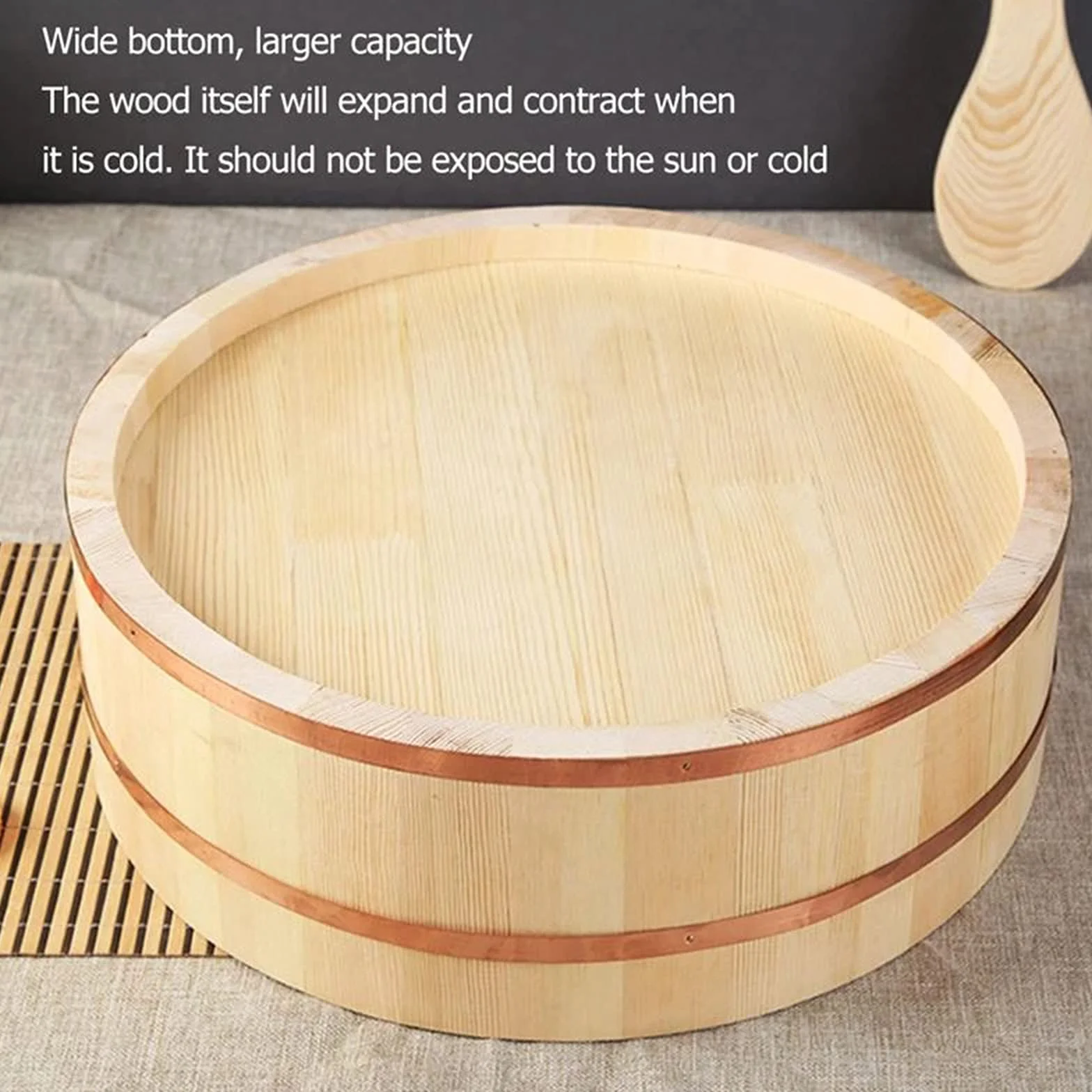 Japońska drewniana Hangiri Sushi Oke miska do mieszania ryżu, zestaw do robienia sushi z 2 łopatkami ryżowymi i 1 bambusowymi matami do sushi do użytku domowego, 52 cm / 20,4 cala