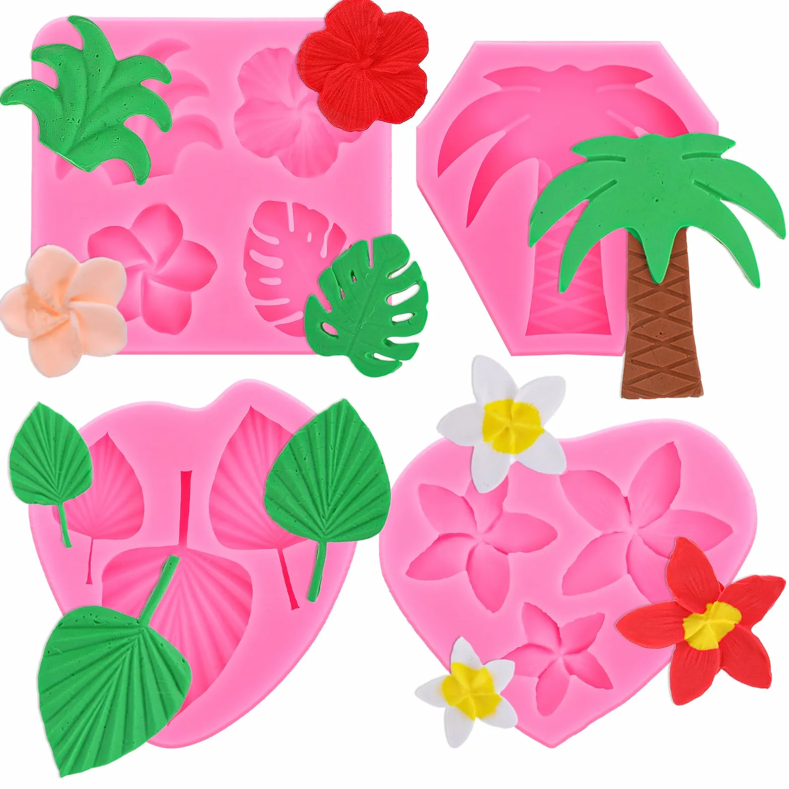 4 sztuki foremek silikonowych, tropikalnych płatków kwiatów, płatków wachlarza, do masy cukrowej, hibiskusa, liści palmy, plumeria, silikonowe, do samodzielnego przygotowania czekolady, słodyczy,