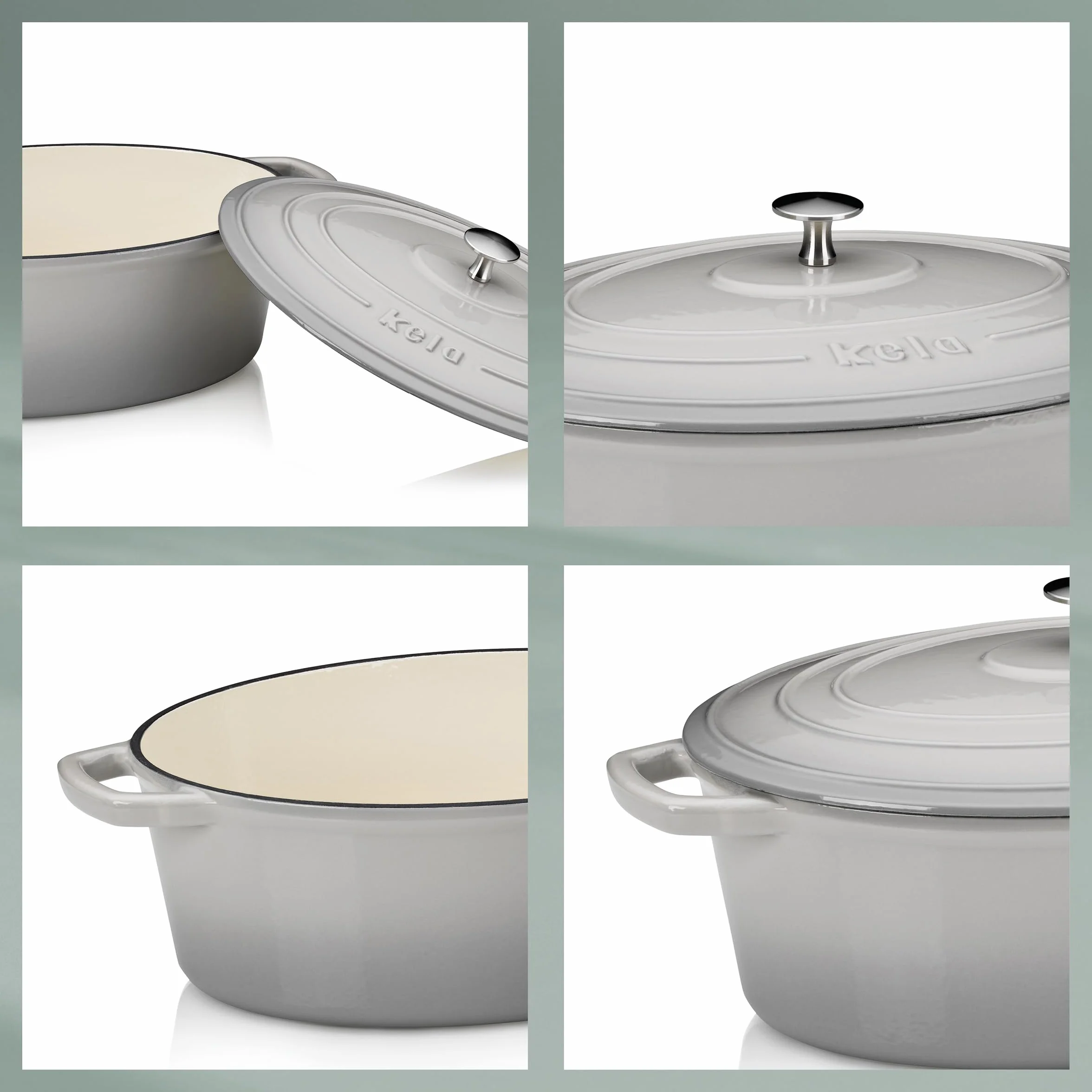 kela Garnek żeliwny owalny 4 litry, Dutch Oven CALIDO, indukcyjna brytfanna żeliwna z pokrywką, żeliwny garnek do pieczenia chleba, emaliowany, jasnoszary