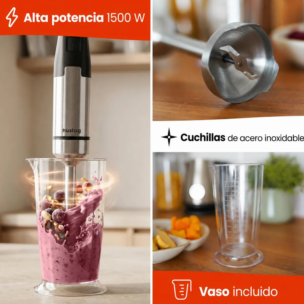 BlendFlex 1500 W Blender ręczny – mikser ze stali nierdzewnej z 20 prędkościami i funkcją turbo, w zestawie miarka 600 ml – blender ręczny do smoothie