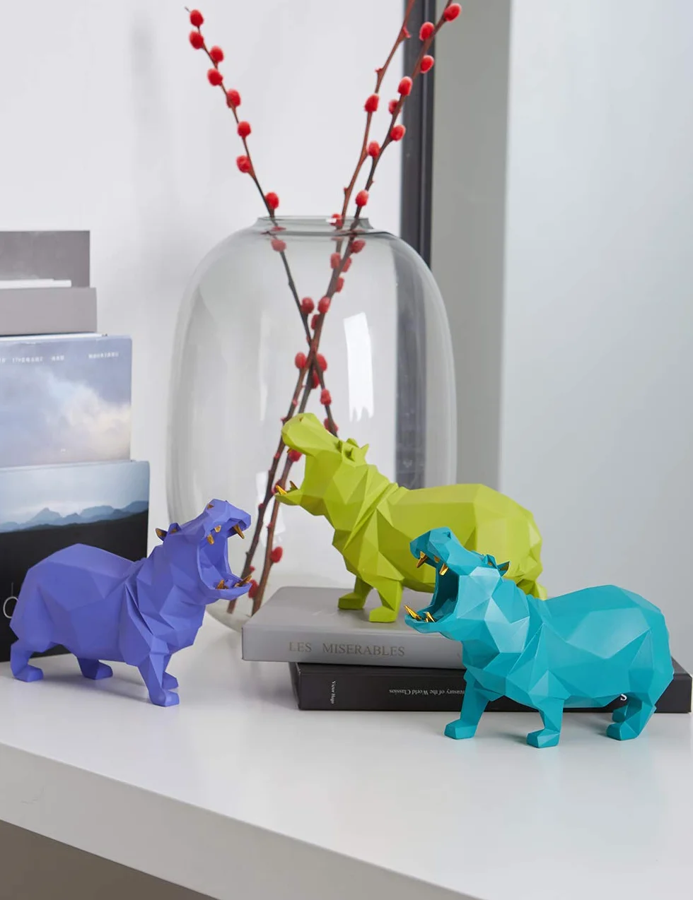 Amoy-Art Hippo Prezenty Sztuka Rzeźba Zwierzę Wystrój Nowoczesna Figurka Domowa Statua Stół Centralny Rzemiosło Polyresin Ornament Niebieski 18 cm