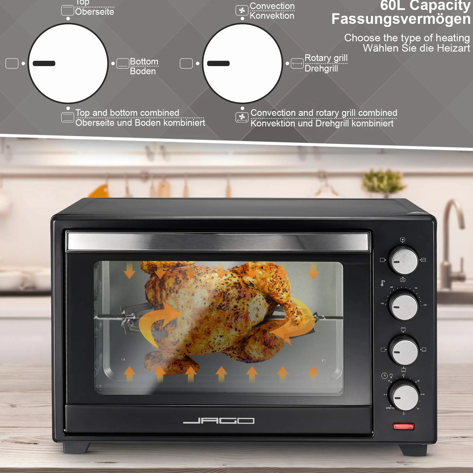Jago® Mini piekarnik elektryczny z konwekcją, 60 litrów, 6 trybów, 100-230º, 2000 W, stal nierdzewna, przenośny, mini piekarnik elektryczny, mały, możliwy
