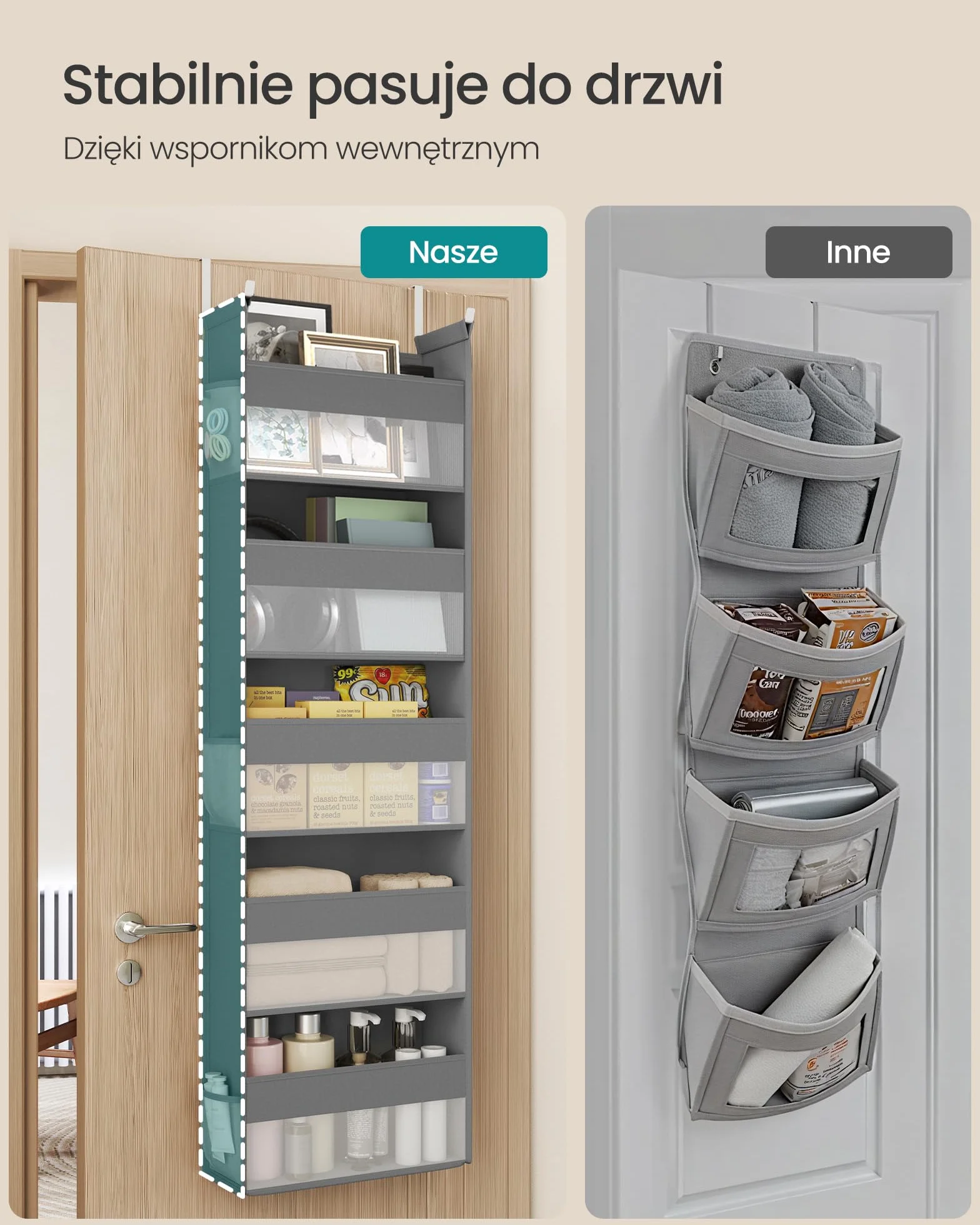 SONGMICS Wiszący regał magazynowy, Wisząca półka, Regał magazynowy na drzwi, Materiałowy regał drzwiowy, Przezroczysta siatka nylonowa, Metalowe haki, Kieszenie boczne, Gołębia szarość RDH007G01