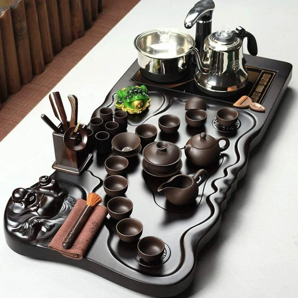 Chiński ceramiczny zestaw do herbaty Kung Fu z tacą na herbatę z litego drewna fioletowa glina zestaw do herbaty porcelanowy serwis do herbaty automatyczny zestaw do herbaty Kung Fu - C, C