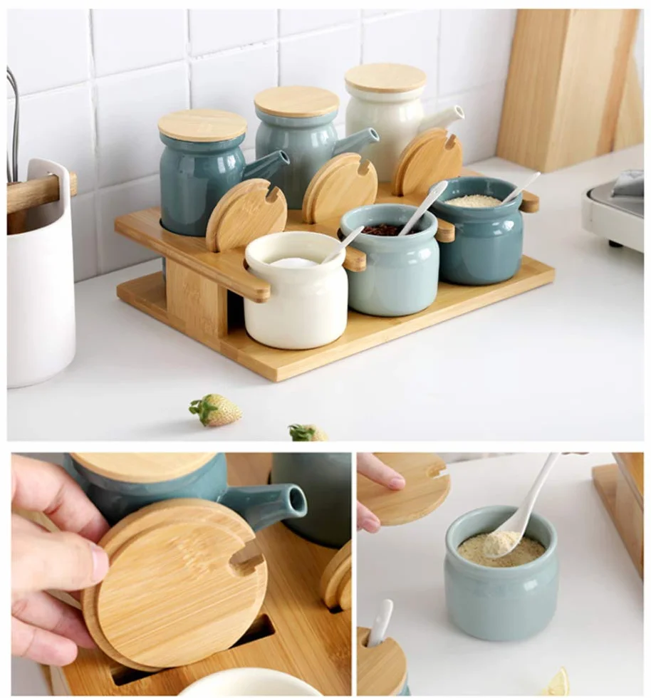 Zestaw puszek na olej, ceramiczna butelka z dozownikiem oleju, butelka 500 ml z dozownikiem sosu sojowego z drewnianą paletą, oliwa z oliwek, sos sojowy, ocet, cruet, płynny dozownik przypraw do