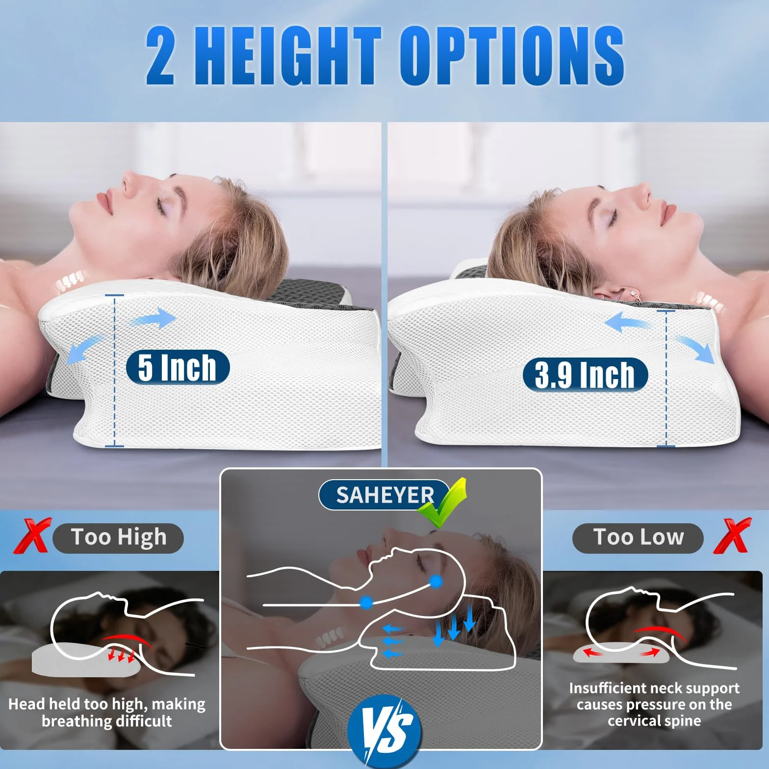 SAHEYER Poduszka ortopedyczna pod szyję, 2 w 1 Ergonomiczna poduszka pod kark, poduszka z pianki z pamięcią kształtu, dla osób śpiących na plecach, na boku i na brzuchu, Szary, 60x35,5x13/11cm