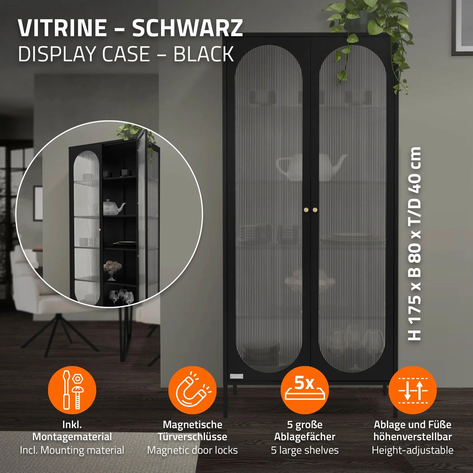 ML-Design Witryna 80x175x40 cm czarna z 5 pólkami i schowkami 2 drzwiami Metalowa szafka do salonu ze stali w stylu industrialnym wysoka idealna na ksiazki dokumenty lub jako szafka podlogowa