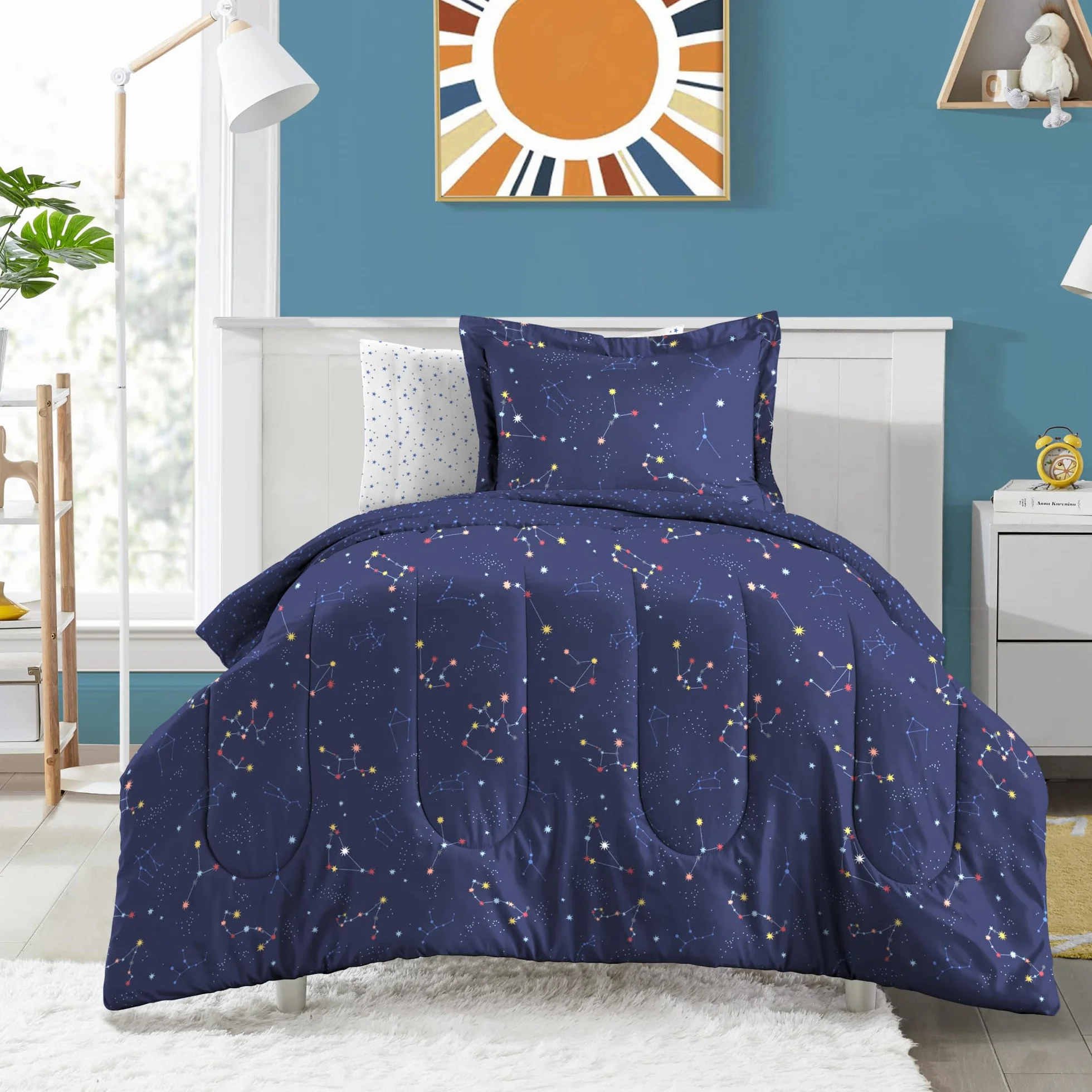 dream FACTORY 5-częściowy zestaw pościeli dla dzieci, łatwa do prania, super miękka pościel z mikrofibry, podwójna, granatowy znak zodiaku