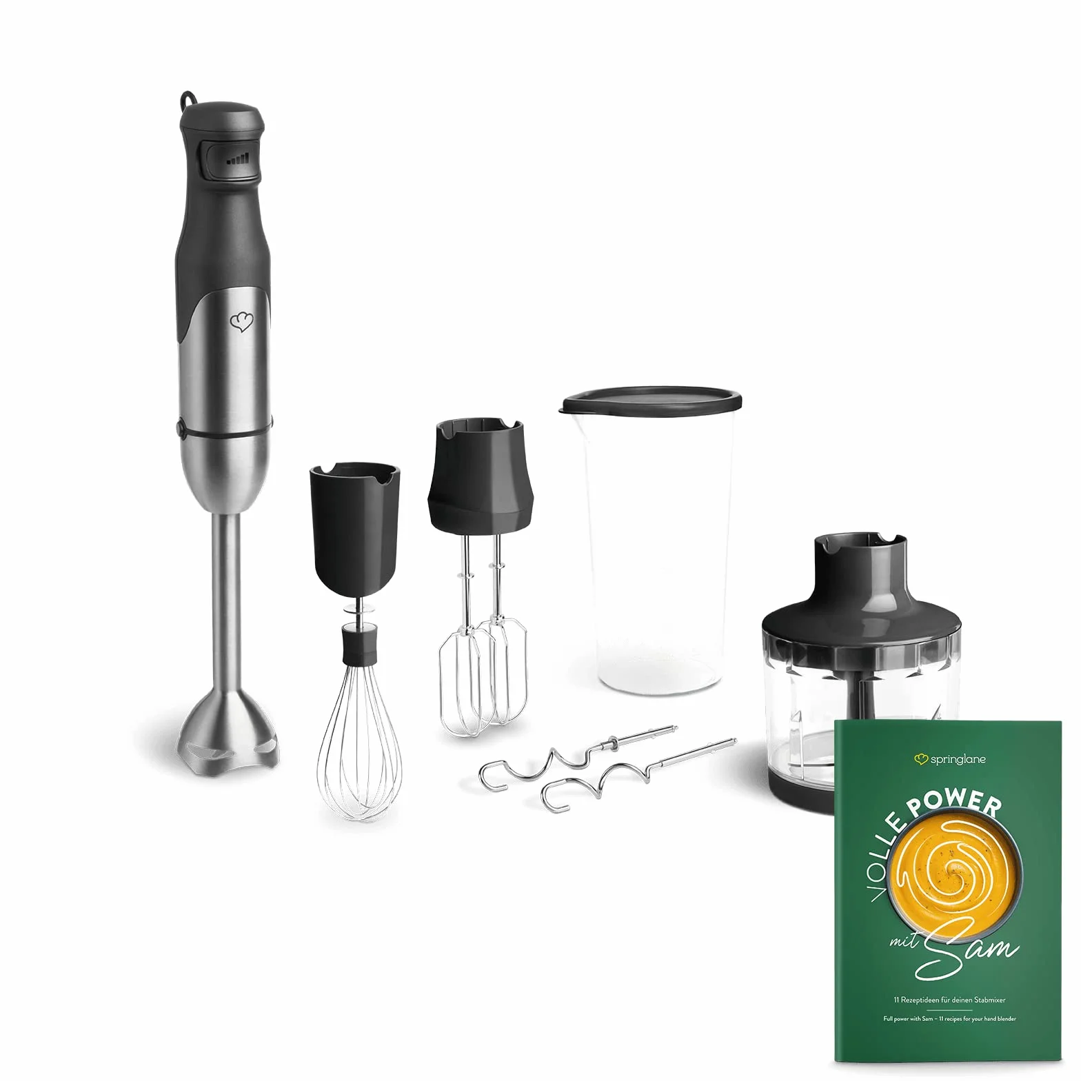SPRINGLANE Zestaw blendera ręcznego ze stali nierdzewnej Sam 800 W, blender immersyjny z blenderem, pojemnik z pokrywką, rozdrabniacz, trzepaczka, hak do mieszania i ugniatania, torba do