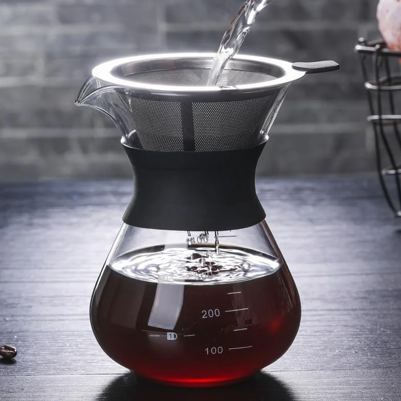 PIQIUQIU Pour Over ekspres do kawy 400ml, szklany ekspres do kawy, ręczny ekspres do kawy kroplowy, ręczny ekspres do kawy z filtrem ze stali nierdzewnej