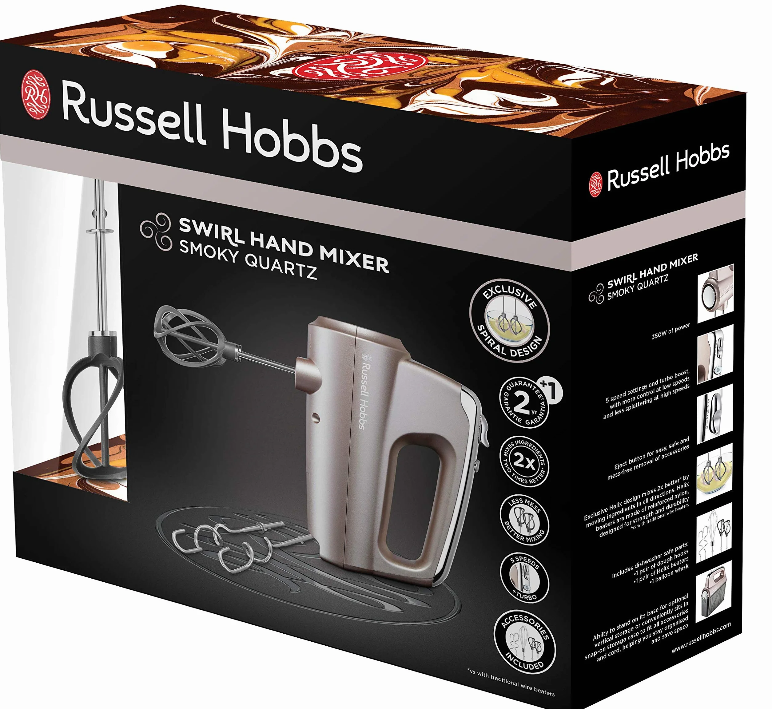 Russell Hobbs Mikser ręczny ze schowkiem na akcesoria, Swirl Quartz, 4 prędkości + turbo, 2 ubijaki spiralne wykonane z nylonu wzmocnionego włóknem szklanym, 2 haki do wyrabiania ciasta, 25892-56
