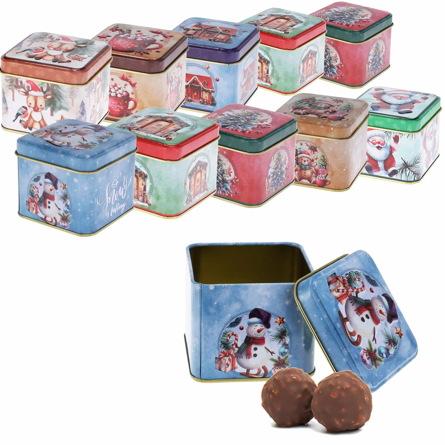 com-four® 12x puszka na ciastka, metalowe pudelko na swiateczne wypieki, swiateczne pudelko z pokrywka, pojemnik na ciastka, slodycze i prezenty [wybór rózny] (12 sztuk - rózne kolory)