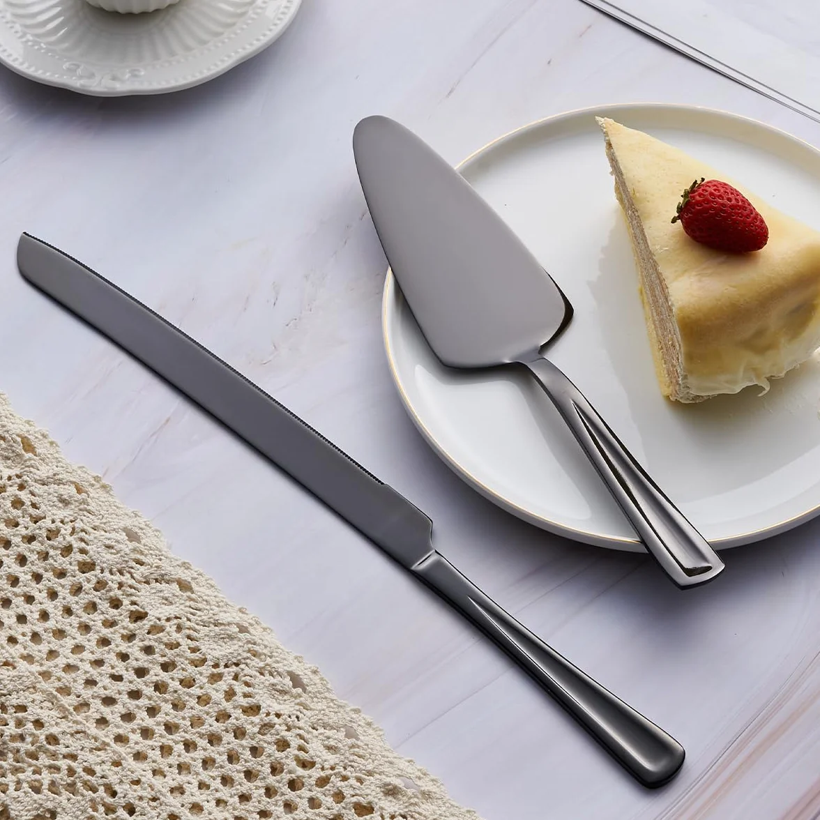 GoGeiLi Czarny zestaw sztućców do ciasta, nóż do ciasta ze stali nierdzewnej 33 cm, nóż do ciasta i łopatka do tortów, nóż do ciasta, na wesele, urodziny, imprezy, jubileusz