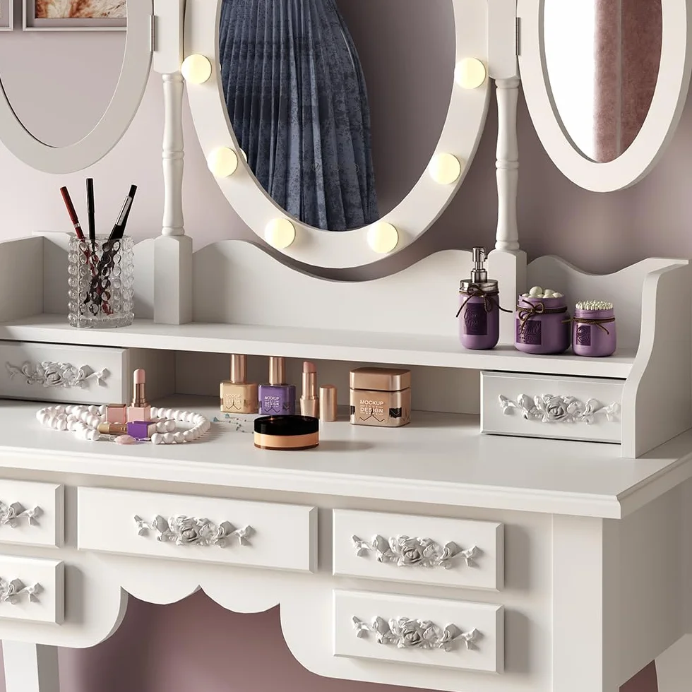 Vicco Stół do toalety "Diana", Biały, 90 cm | z oświetleniem i stołkiem, avec éclairage LED et tabouret, miroir réglable en hauteur