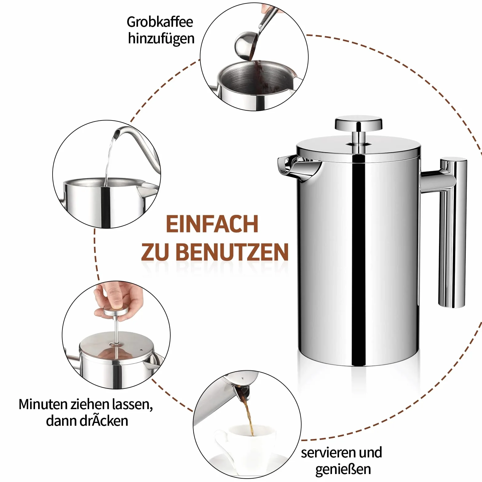 Zaparzacz do kawy 1000 ml, French Press, stal nierdzewna, prasa do kawy 8 filiżanek z systemem 3 filtrów ze stali nierdzewnej, izolowany dzbanek do kawy z podwójnymi ściankami i zaparzacz do