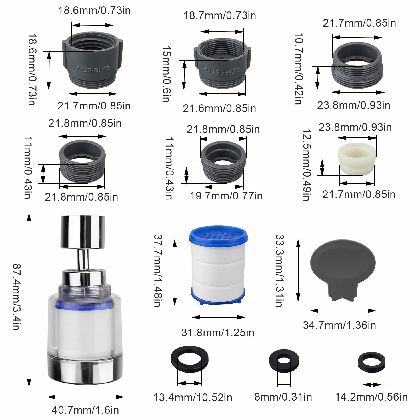 Filtr do wody, kran z kranem, obracany o 360°, z 6 elementami filtrującymi z bawełny PP i uniwersalnym adapterem do zlewu, do zlewozmywaka, kuchni, łazienki