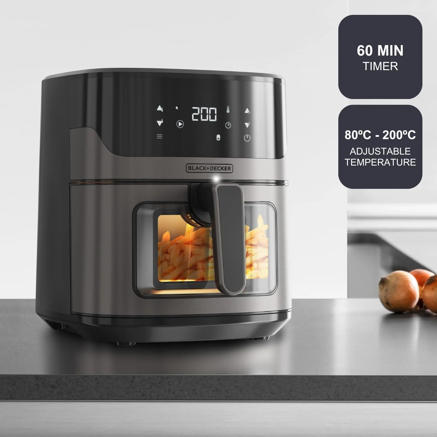 BLACK+DECKER BXAF6500E bezolejowa frytkownica powietrzna, 1600 W, 6,5 l, do 1300 g ziemniaków, przezroczyste okienko w koszu, temperatura 80-220°C, 8 programów