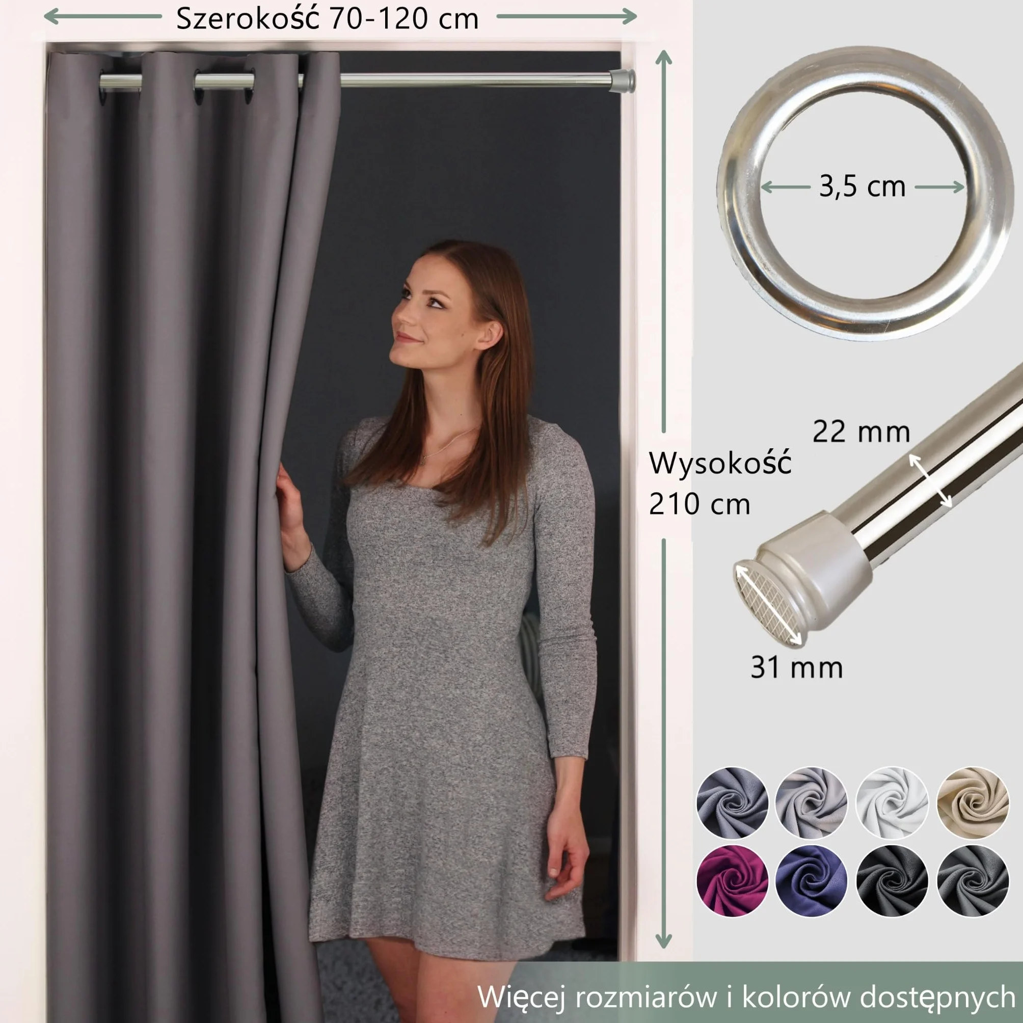 Zasłona do drzwi z drążkiem teleskopowym, łatwy montaż w 1 minutę bez wiercenia (czarna zasłona drzwiowa + srebrny drążek, zasłona 200 x 150 cm (wys. x szer.) + drążek 70–120 cm)