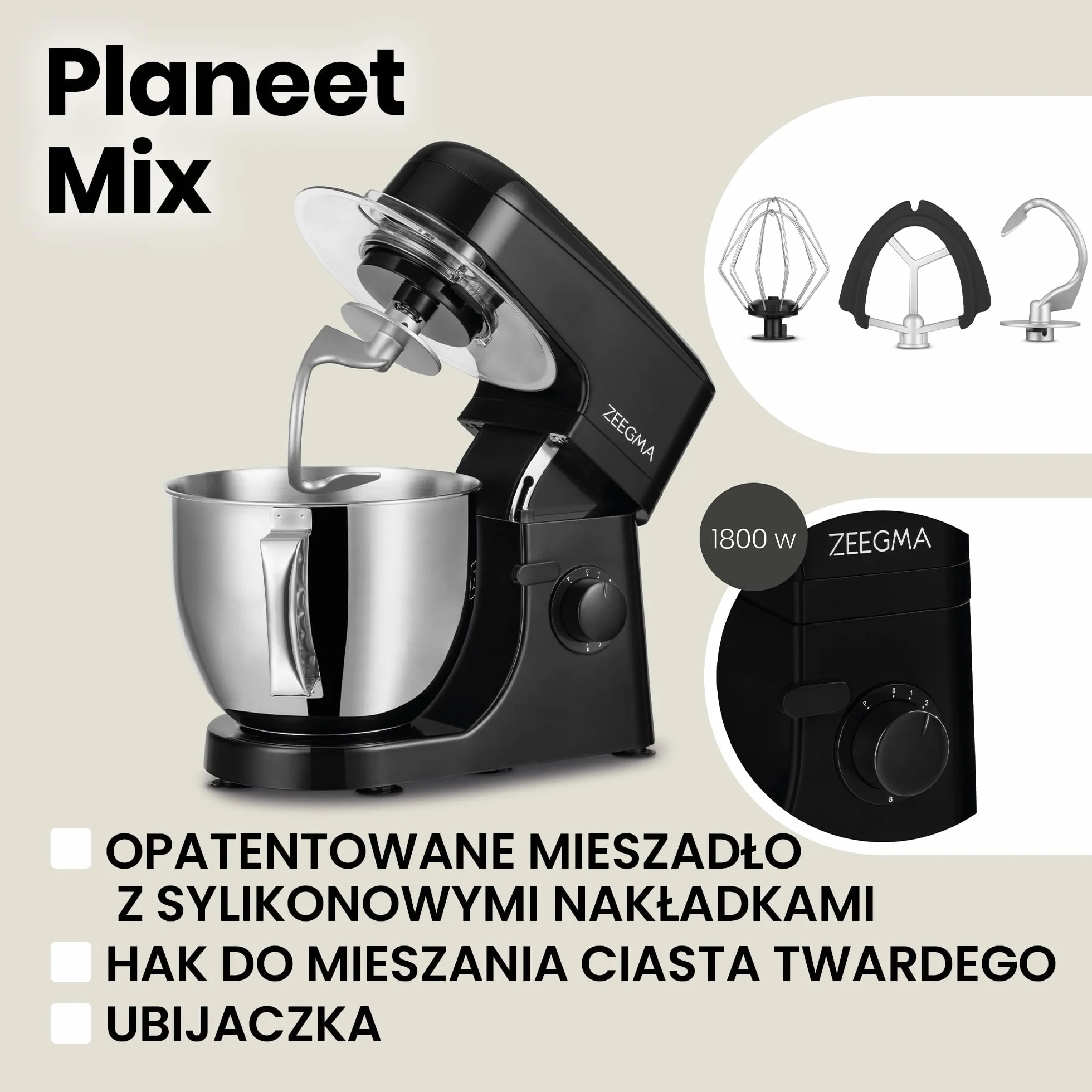 ZEEGMA PLANEET MIX Robot Planetarny 1800 W, Wielofunkcyjny Robot Kuchenny z Misą 5L z Uchwytem i Pokrywką, 8 Prędkości Pracy, 3 Narzędzia Miksujące Panel Dotykowy (Czarny)