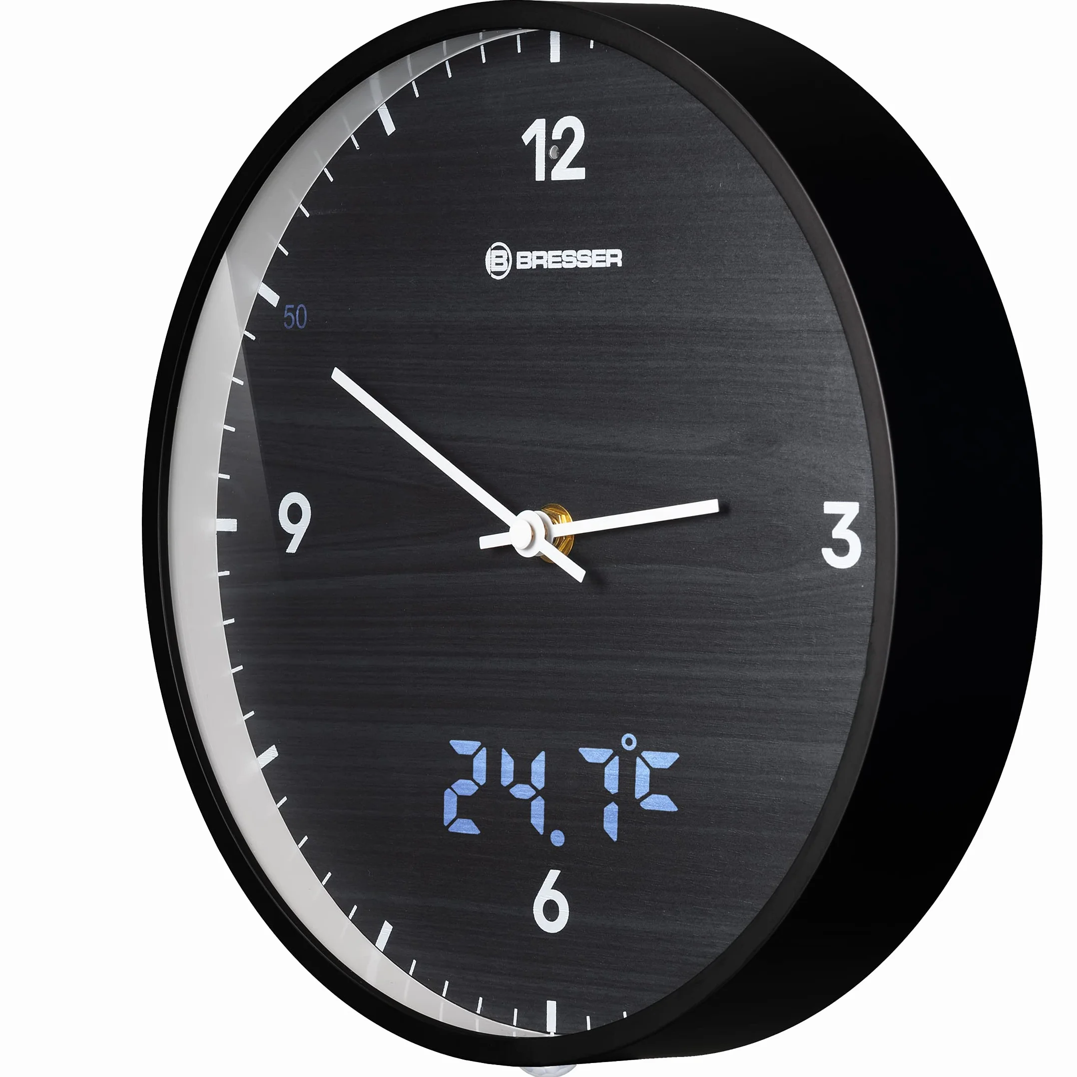 Bresser Zegar radiowy MyTime LEDsec z tarczą 24 cm, wyświetlaczem sekundnika LED, temperatura wewnętrzna i bezgłośny mechanizm zegarowy, czarny
