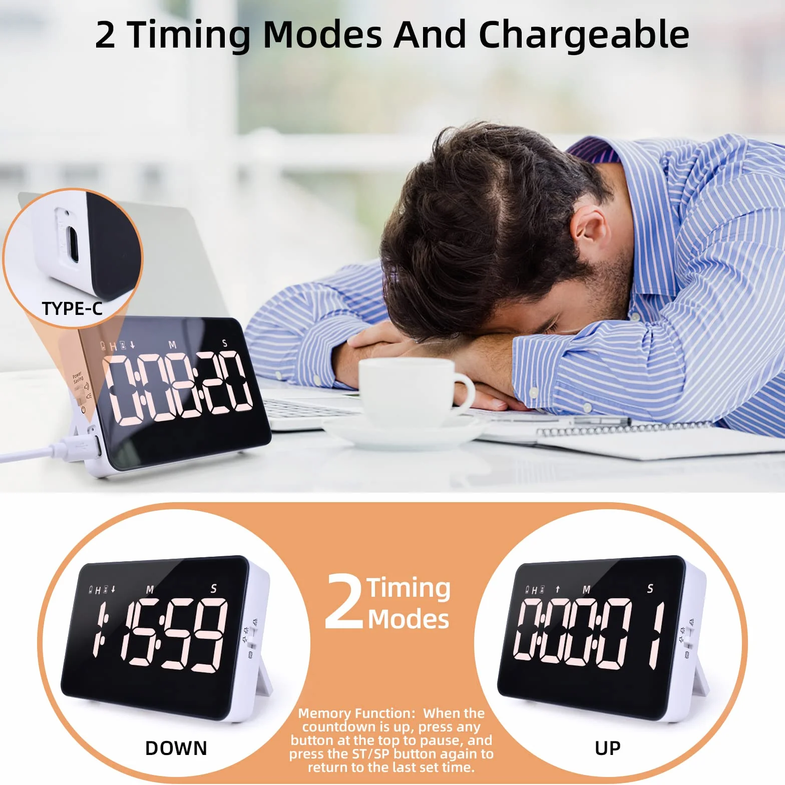 Cyfrowy timer kuchenny z możliwością wielokrotnego ładowania, magnetyczny timer z odliczaniem / do góry, czasomierz dla dzieci z wyświetlaczem LED 5", 3 jasności, 4 poziomy głośności, regulacja