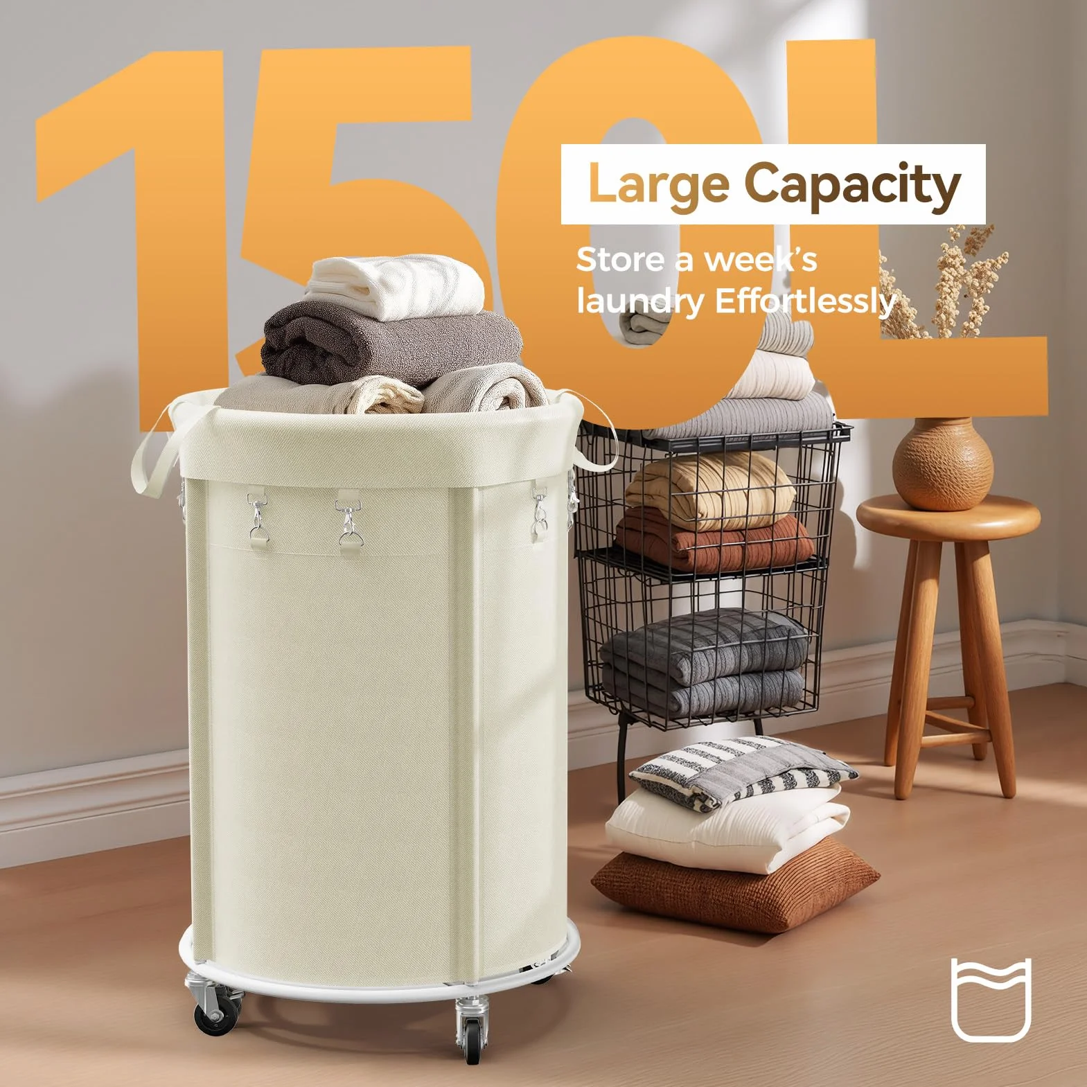 Kosze na pranie z rolkami, 150 l, duży kosz na pranie z metalową ramą i wodoszczelnym workiem, Laundry Baskets wózek na pranie do pralni, sypialni, łazienki, beżowy